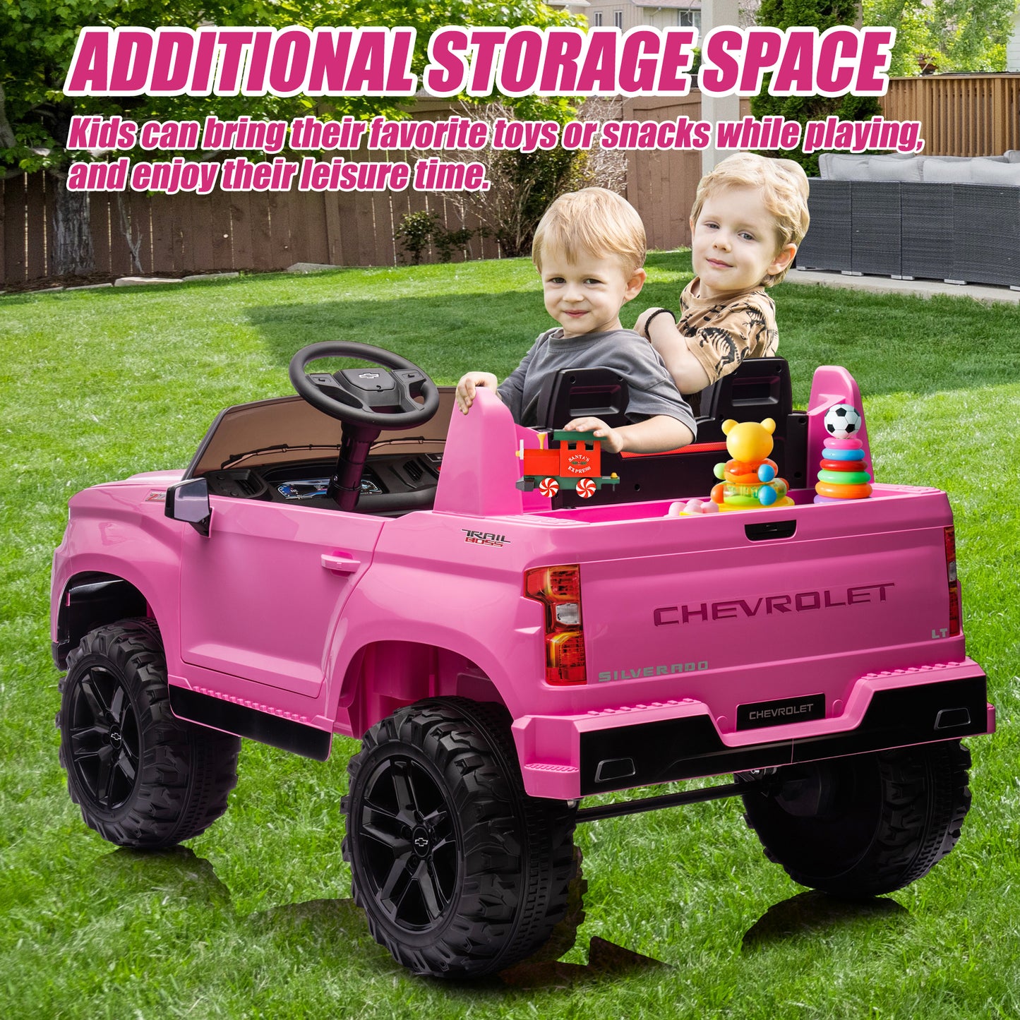 Chevrolet Silverado 24V Ride on Cars with Remote Control, 2 Seater 4 Wheels Kids Electric Cars with Bluetooth, LED Lights, Battery Powered Ride on Truck Toys for Boys Girls Christmas Gifts, Pink