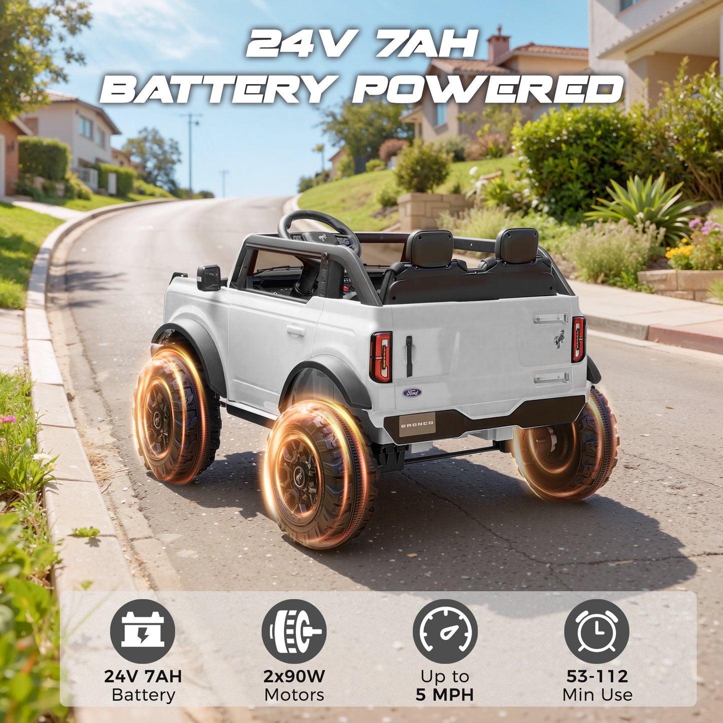 iRerts 2 Seater Ride on Cars, Licensed Ford Bronco Base 24V Ride on Toys for Big Kids Ages 3-8, Powered Kids Car Electric Vehicle with Remote Control, Bluetooth, LED Lights, 4 Wheel Suspension, White
