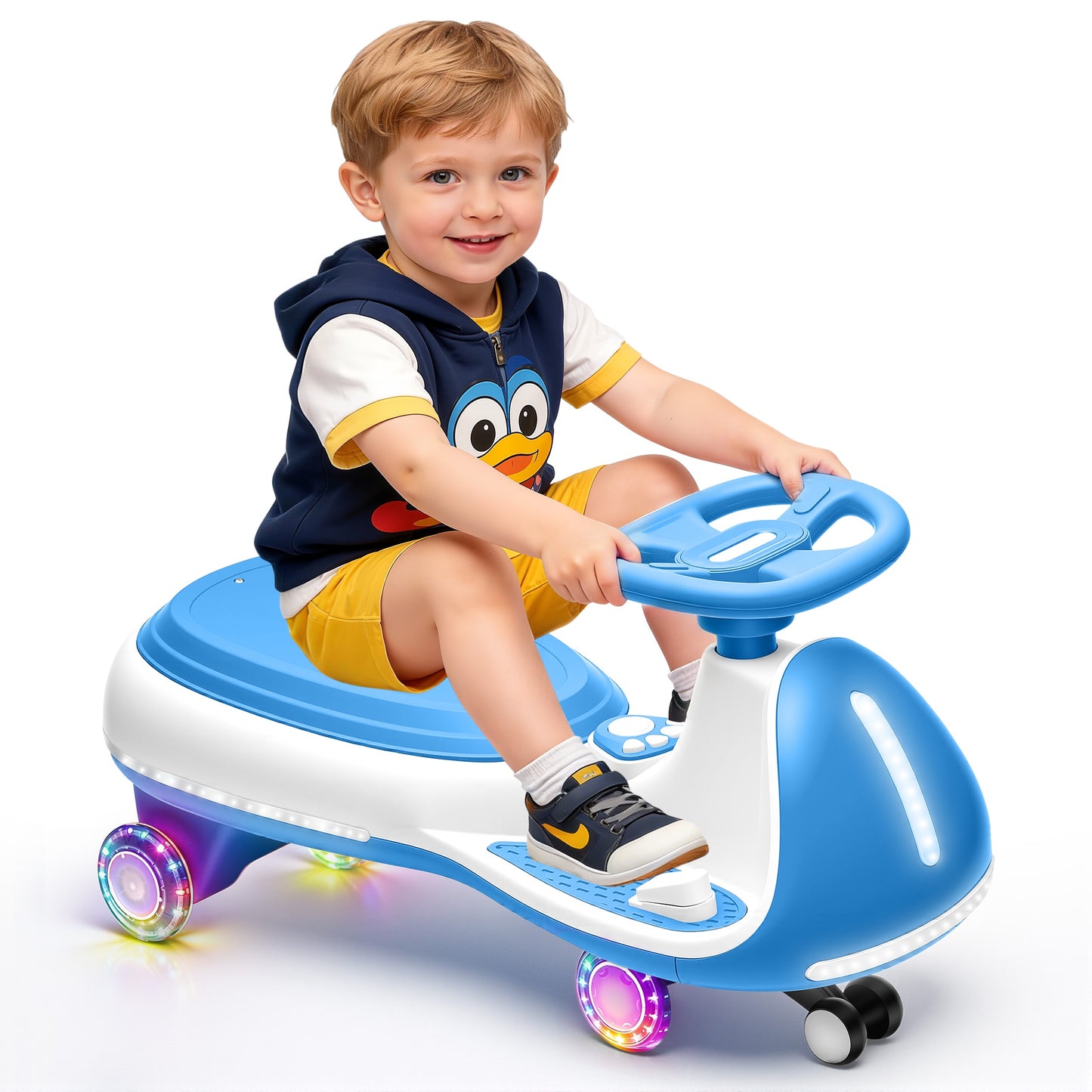 iRerts 12V Ride on Toys, Electric Ride on Wiggle Car with Pedal, 2 in 1 Swing Car Kids Wiggle Car for Toddlers Ages 3+, Kids Cars with Flashing PU Wheels, Bluetooth Music, 5MPH Max Speed, Blue