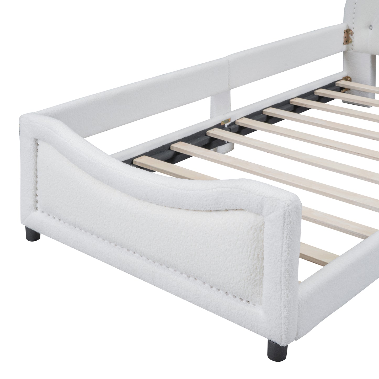 iRerts Twin Size Upholstered Daybed Frame for Kids, Teddy Fleece Twin Platform Bed Frame with OX Hor Shaped Headboard and Footboard, Wood Twin Size Sofa Bed for Girls Boys, White