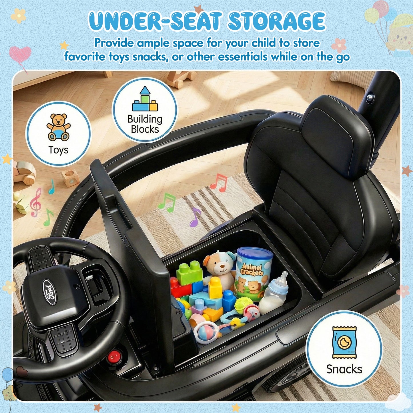 Push Car for Toddlers 1-3, Licensed Ford F-150 3-in-1 Kids Ride on Toy with Parent Push Handle, Foot to Floor Sliding Car with Horn & Lights, Under Seat Storage, Black