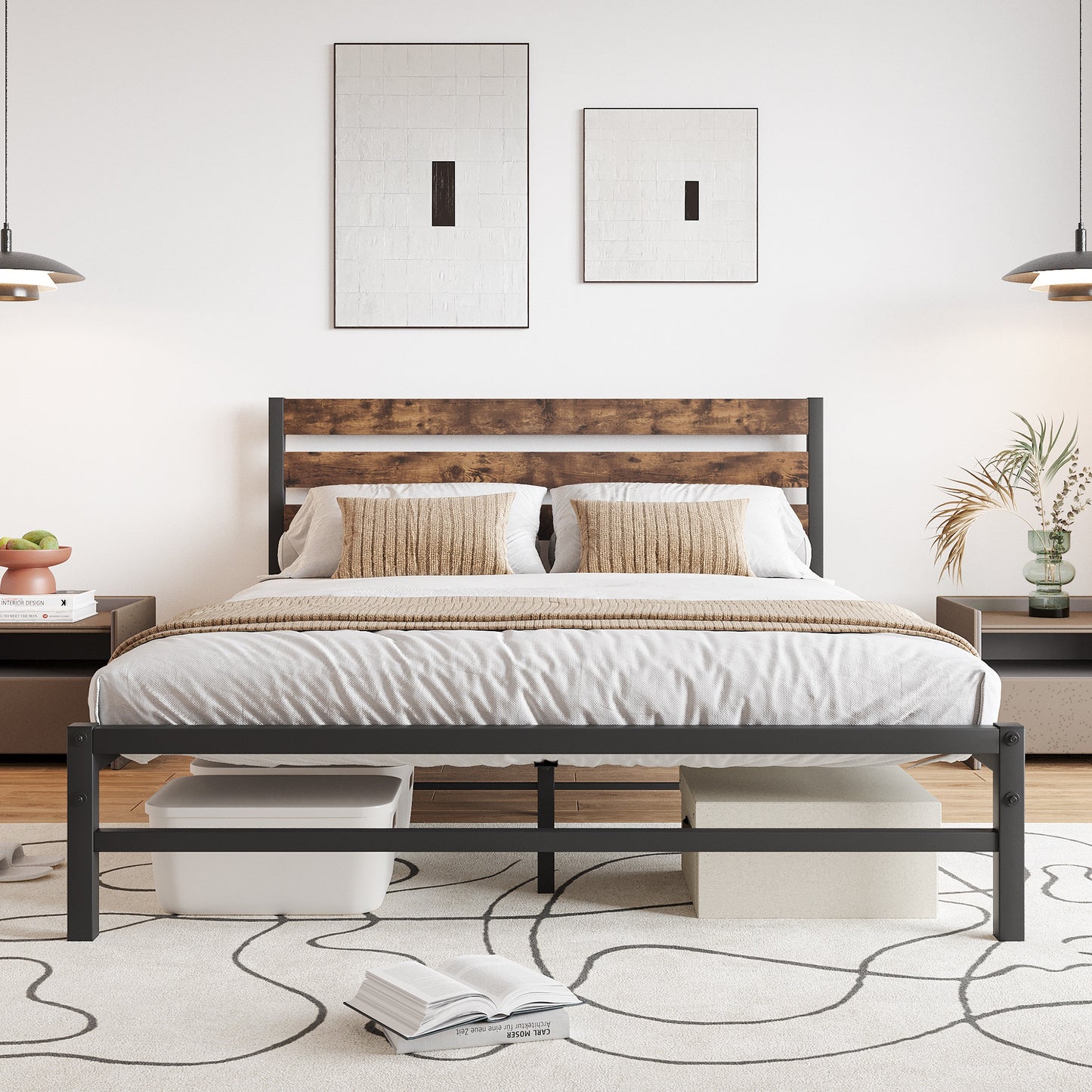iRerts Queen Bed Frame with Headboard, Metal Platform Bed Frame No Box Spring Needed, Bed Frame Queen Size with Metal Support,  Noise-Free, Under Bed Storage, Easy Assembly, Rustic Brown