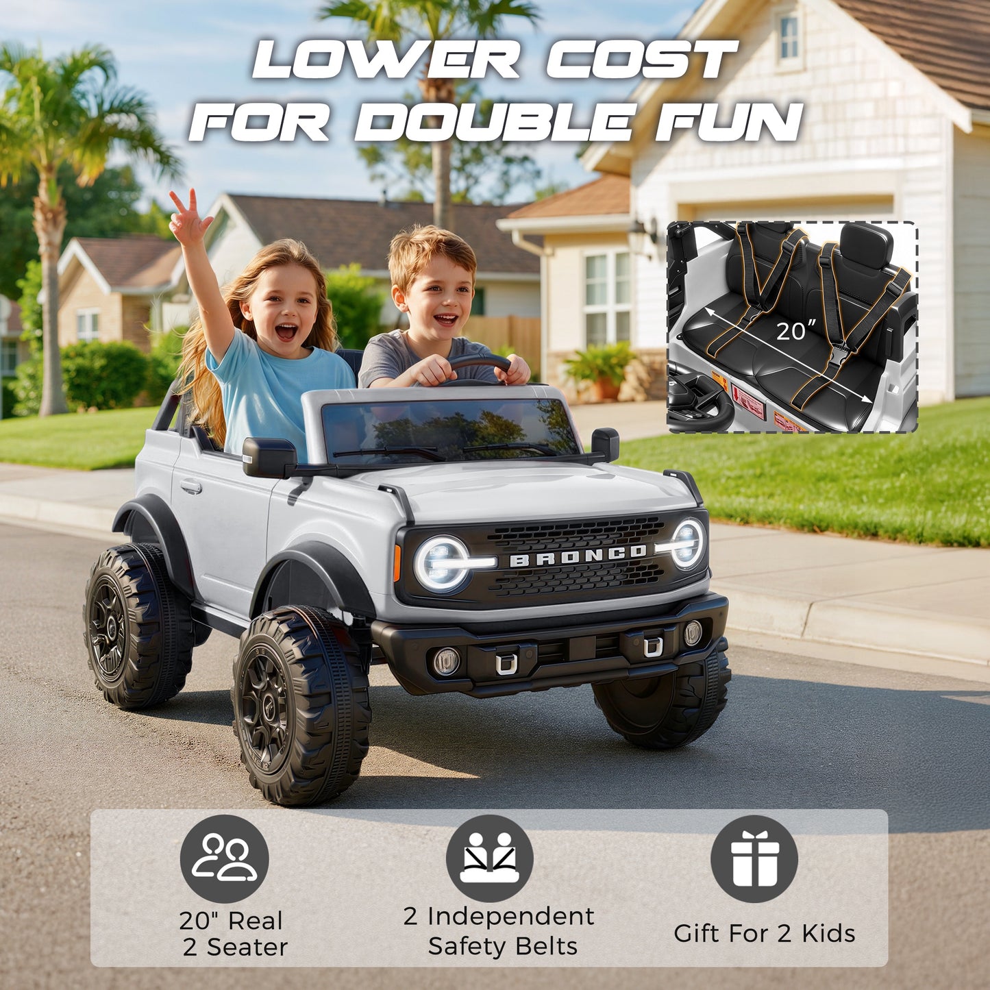iRerts 2 Seater Ride on Cars, Licensed Ford Bronco Base 24V Ride on Toys for Big Kids Ages 3-8, Powered Kids Car Electric Vehicle with Remote Control, Bluetooth, LED Lights, 4 Wheel Suspension, White
