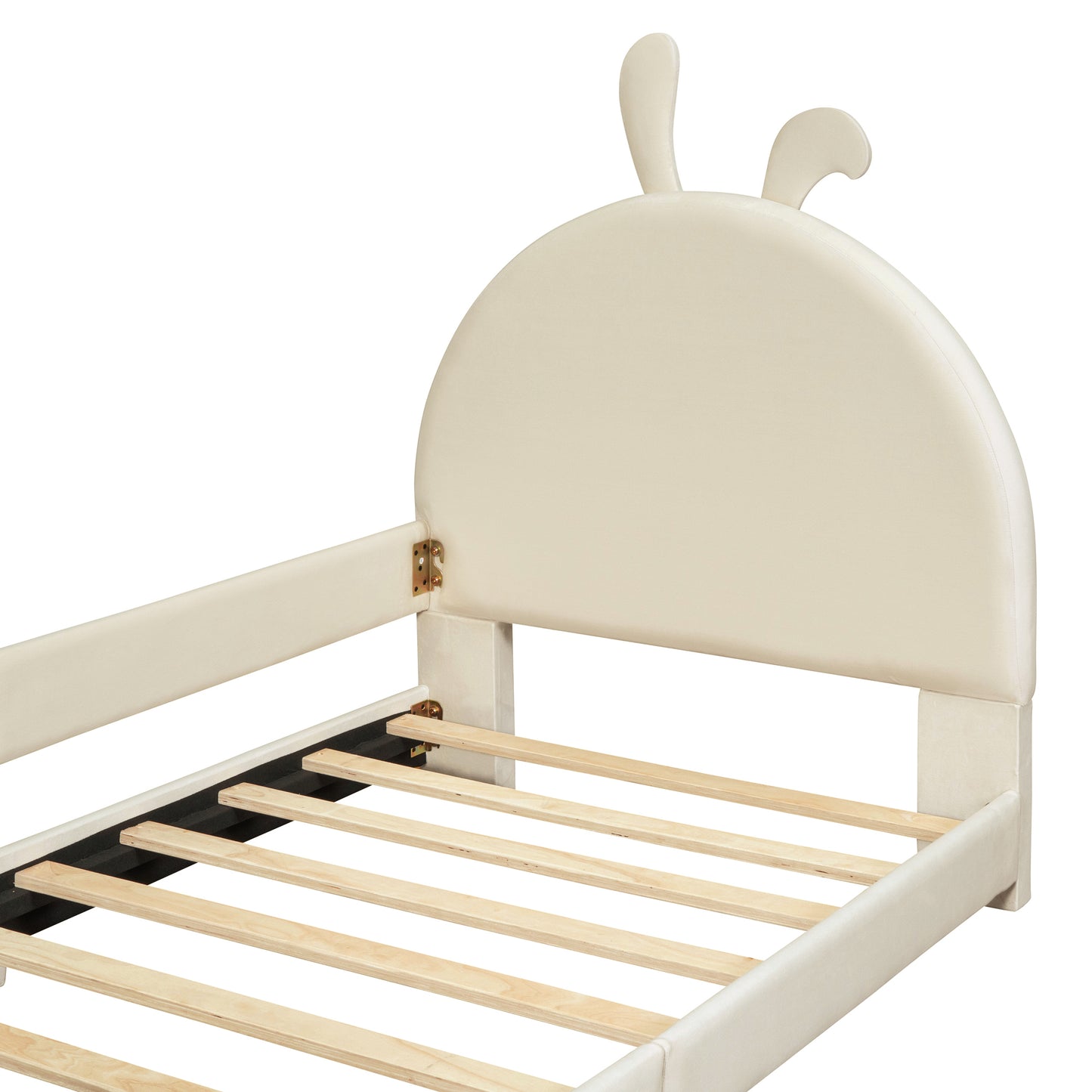 iRerts Upholstered Twin Daybed Frame for Kids, Velvet Twin Platform Bed Frame with Rabbit Ear Shaped Headboard and Footboard, Wood Twin Size Sofa Bed for Girls Boys, Beige