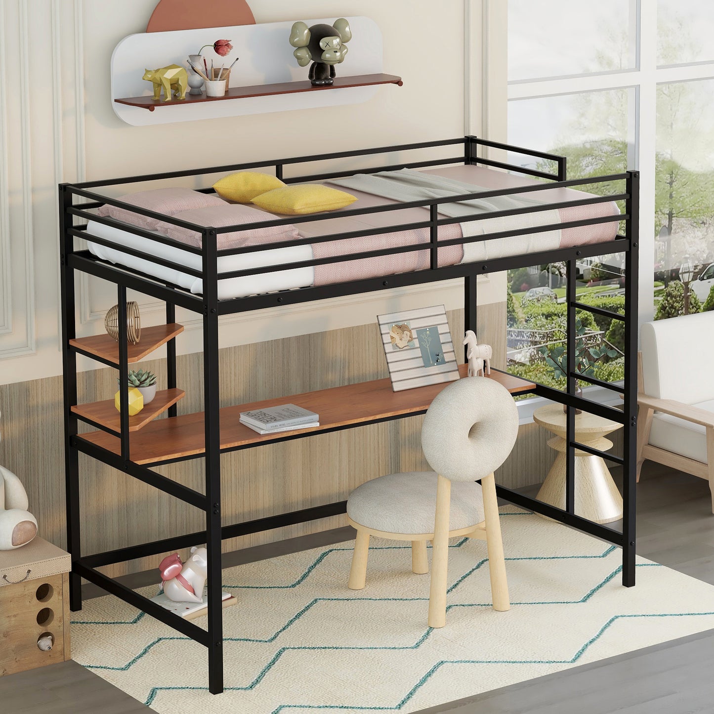 iRerts Loft Bed with Desk and Shelves, Metal Loft Bed Twin for Kids Teens Adult, Twin Size Loft Bed with Safety Guardrail, Modern Black Loft Bed Twin for Dorm Bedroom Guest Room, No Box Spring Needed
