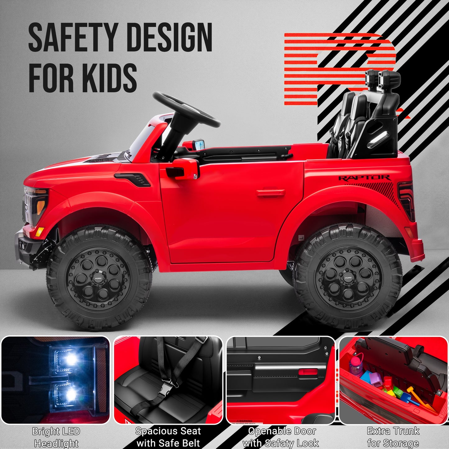 iRerts 24V Ride on Toys for Big Kids, Licensed Ford F 150 Raptor 2 Seater Ride on Cars with Remote Control, Bluetooth, FM Radio, LED Lights, 4 Wheels Suspension, Electric Car for Kids Ages 3-8, Red