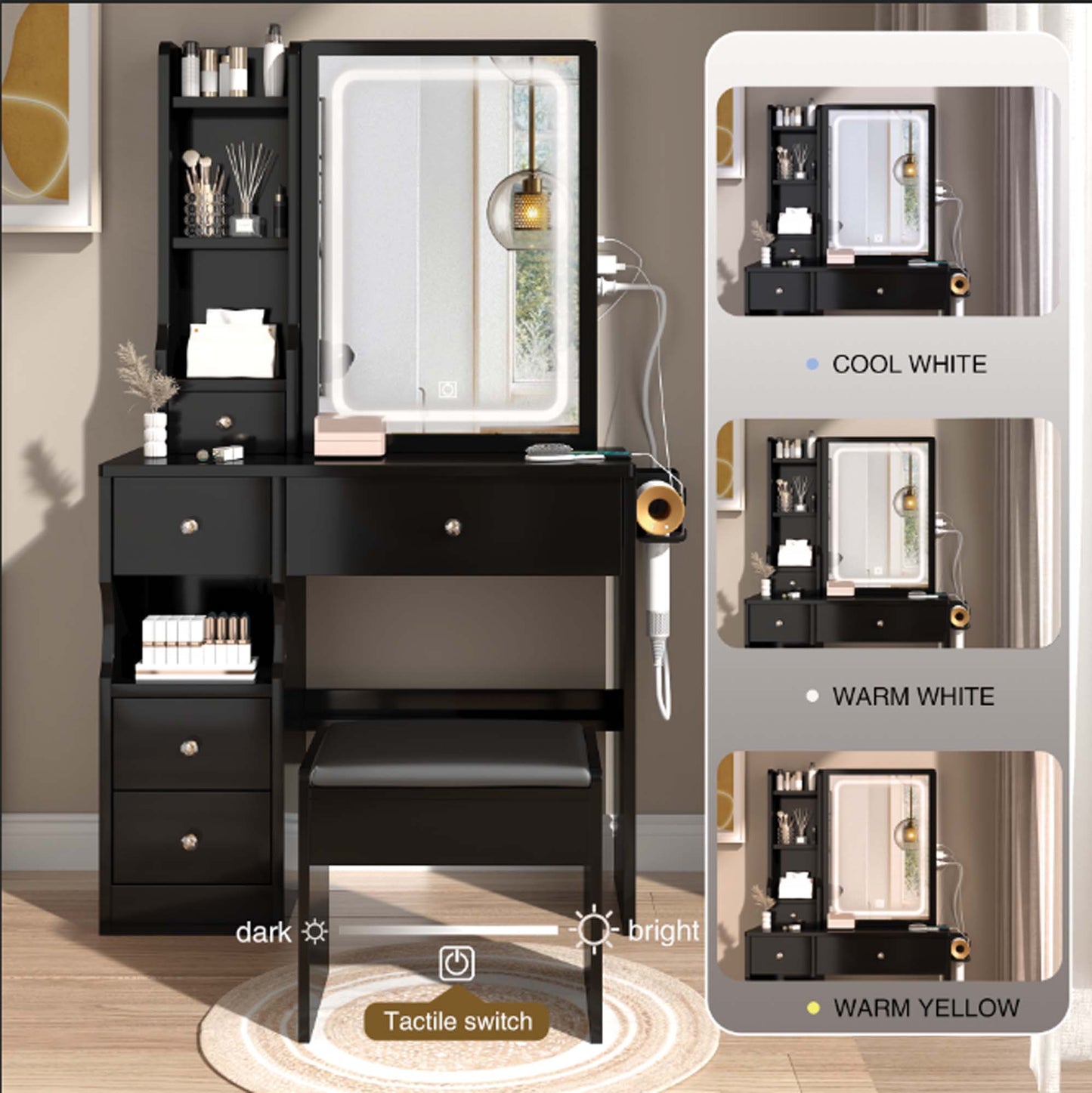 iRerts Vanity Desk with Chair, Makeup Vanity Set with LED Mirror, 2 AC+2 USB Power Station, Brightness Adjustable, Shelf, Drawers, Makeup Vanity Desk Dressing Table Set for Bedroom Small Space, Black