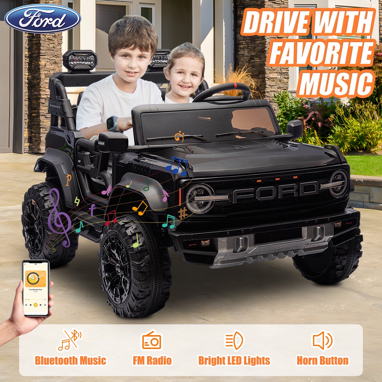 24V 2 Seater Ride on Toy Car, Licensed Ford Bronco Raptor Ride on Trucks with Remote Control, Bluetooth Music Player, Spring Suspension, Battery Powered Electric Car for Kids Boys Girl Ages 3-8, Black