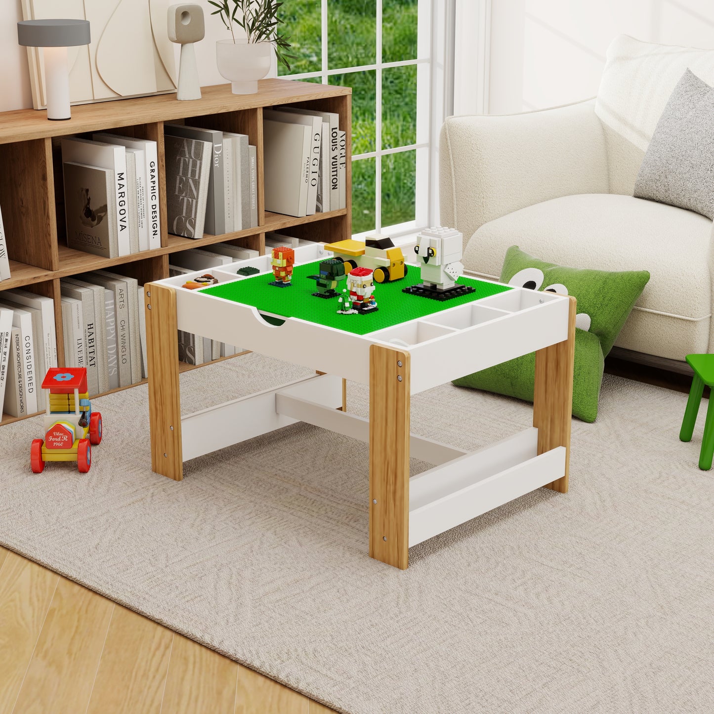 Kids Activity Table, 2 in 1 Reversible Kids Play Table with Building Bricks, Whiteboard, Toy Organizer Compatible, Wood Building Block Desk for Drawing, Reading, Arts, Crafts, White