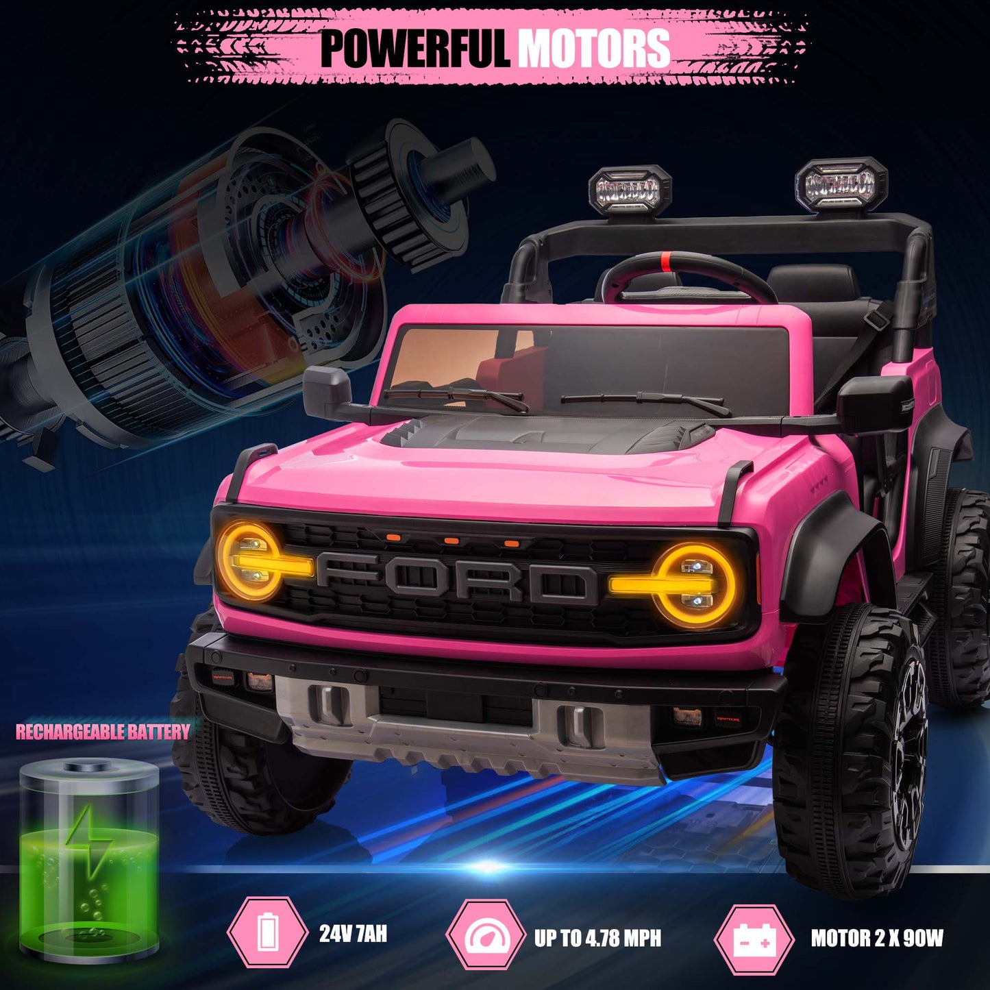 Ford Bronco Raptor 24V Ride on Toys, 2 Seater Ride on Cars with Remote Control, Bluetooth Music, Spring Suspension, Battery Powered Electric Car for Kids Ages 3-8, Pink