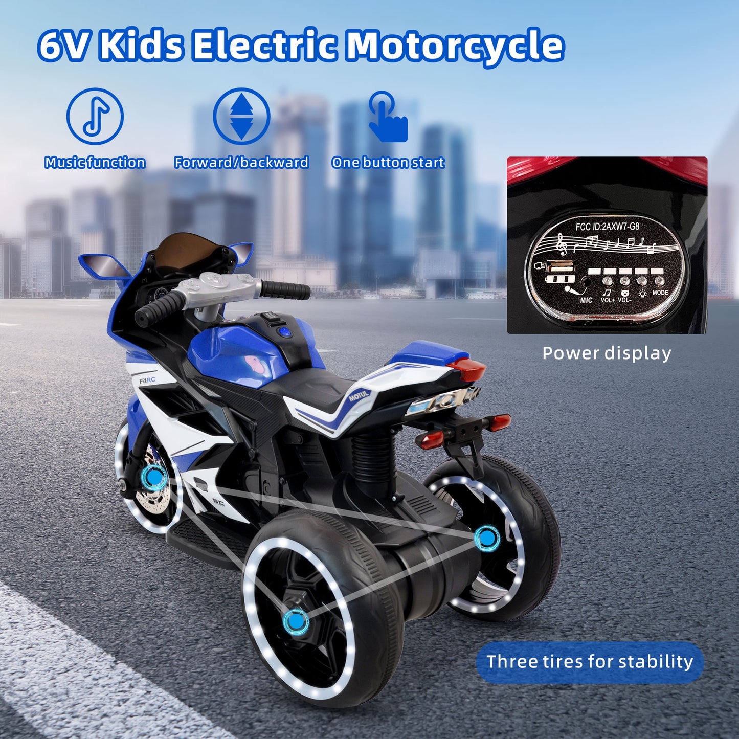 6V Electric Ride on Motorcycle for Toddlers Kids, Battery Powered Motorized Motorcycle Bike, Ride on Toy w/LED Light and Music for Girls Boys Ages 3+, 3 Wheels