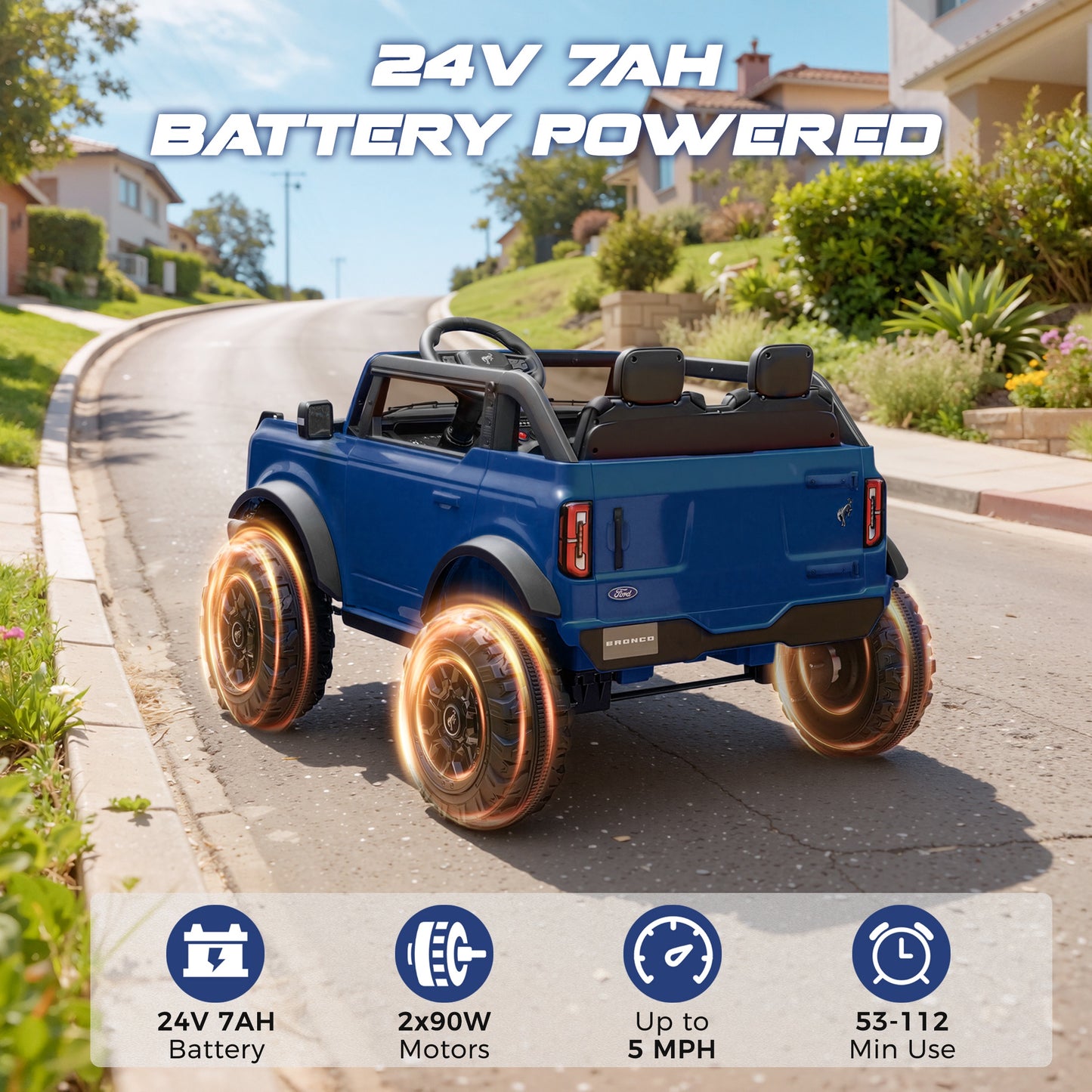 iRerts 2 Seater Ride on Cars, Licensed Ford Bronco Base 24V Ride on Toys for Big Kids Ages 3-8, Powered Kids Car Electric Vehicle with Remote Control, Bluetooth, LED Lights, 4 Wheel Suspension, Blue