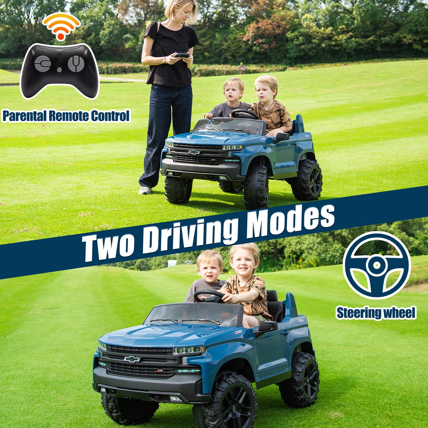 2 Seater 24V Ride on Cars with Remote Control, Licensed Chevrolet Silverado Kids Ride on Truck for Boys Girls Birthday Christmas Gifts, Battery Powered Kids Electric Cars with LED Lights, Music, Blue