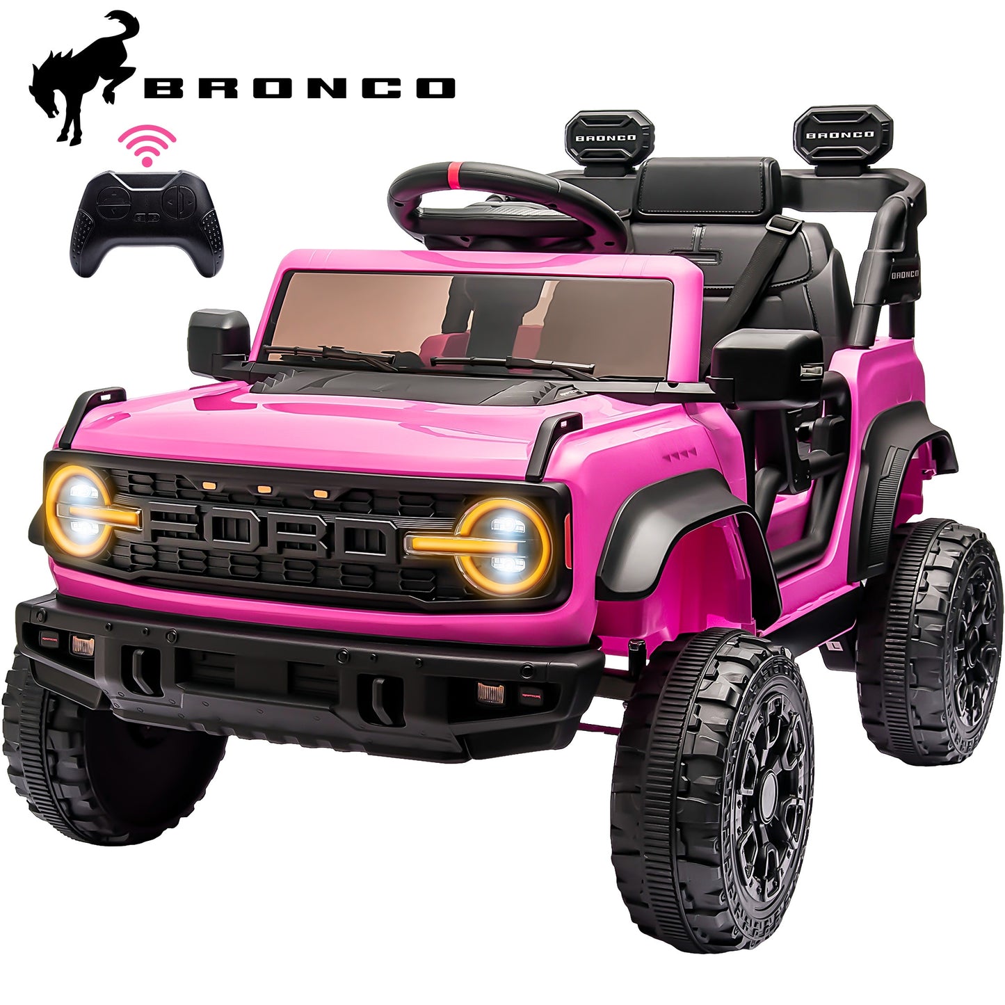 iRerts 12V Ride on Cars, Licensed Ford Bronco Raptor Toddlers Ride on Toys with Parental Remote Control, Bluetooth, FM Radio, LED Lights, Electric Car for Kids Boys Girls Ages 3-6,Pink