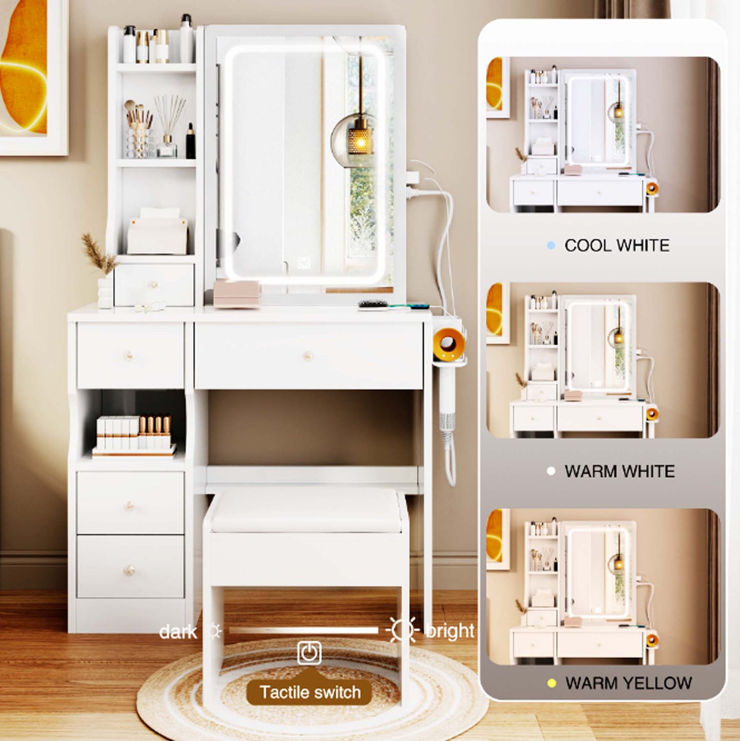 iRerts Vanity Desk with Chair, Makeup Vanity Set with LED Mirror, 2 AC+2 USB Power Station, Brightness Adjustable, Shelf, Drawers, Makeup Vanity Desk Dressing Table Set for Bedroom Small Space, White