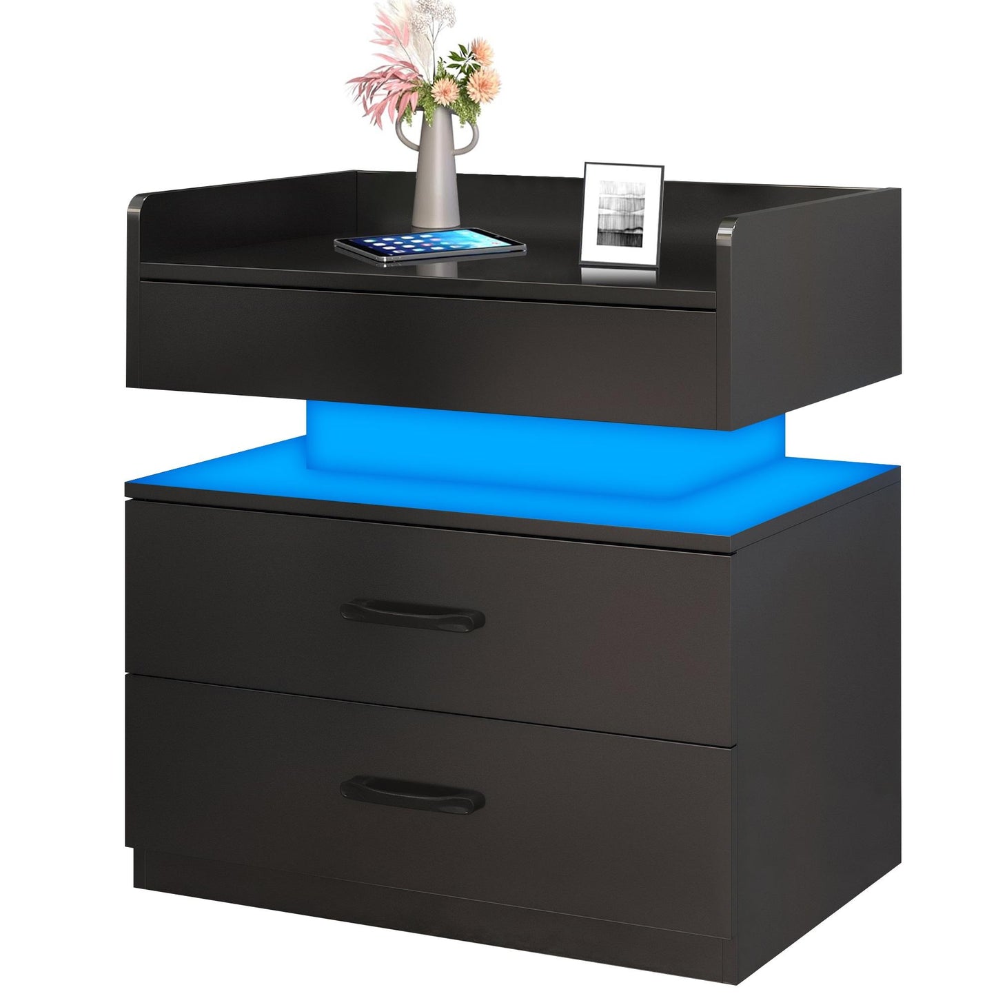 iRerts Bedside Table with Charging Station, Wood High Gloss Nightstand for Bedroom with Plug Outlet, 2 USB Ports, 2 Drawers, 16 LED Lights, Modern Night Stands End Side Table for Bedroom Office, Black