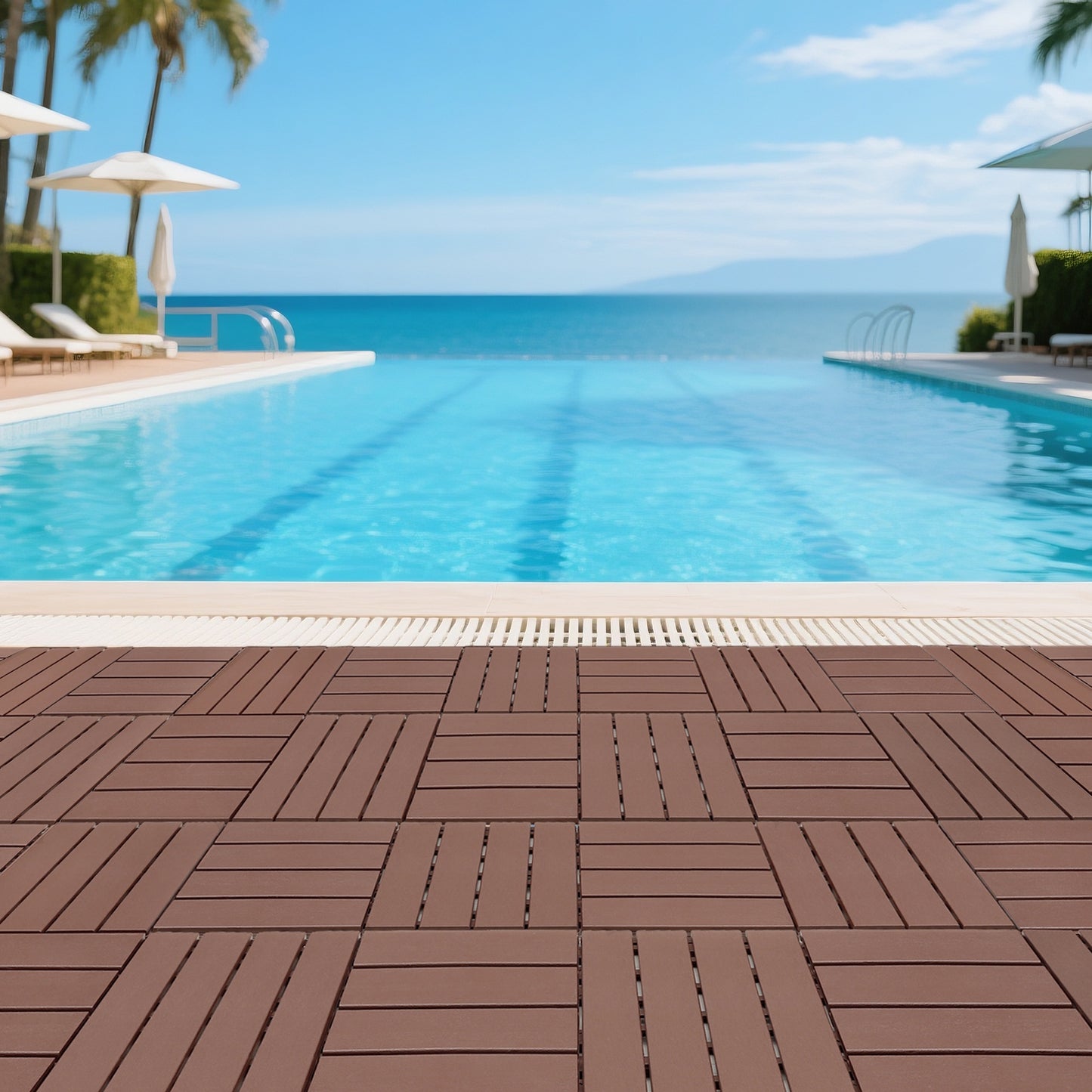 iRerts Plastic Interlocking Deck Tiles, 44 Pack Outdoor Flooring Tiles 12" x 12", All Weather Use, Patio Floor Decking Tiles for Porch Poolside Balcony Backyard, Brown