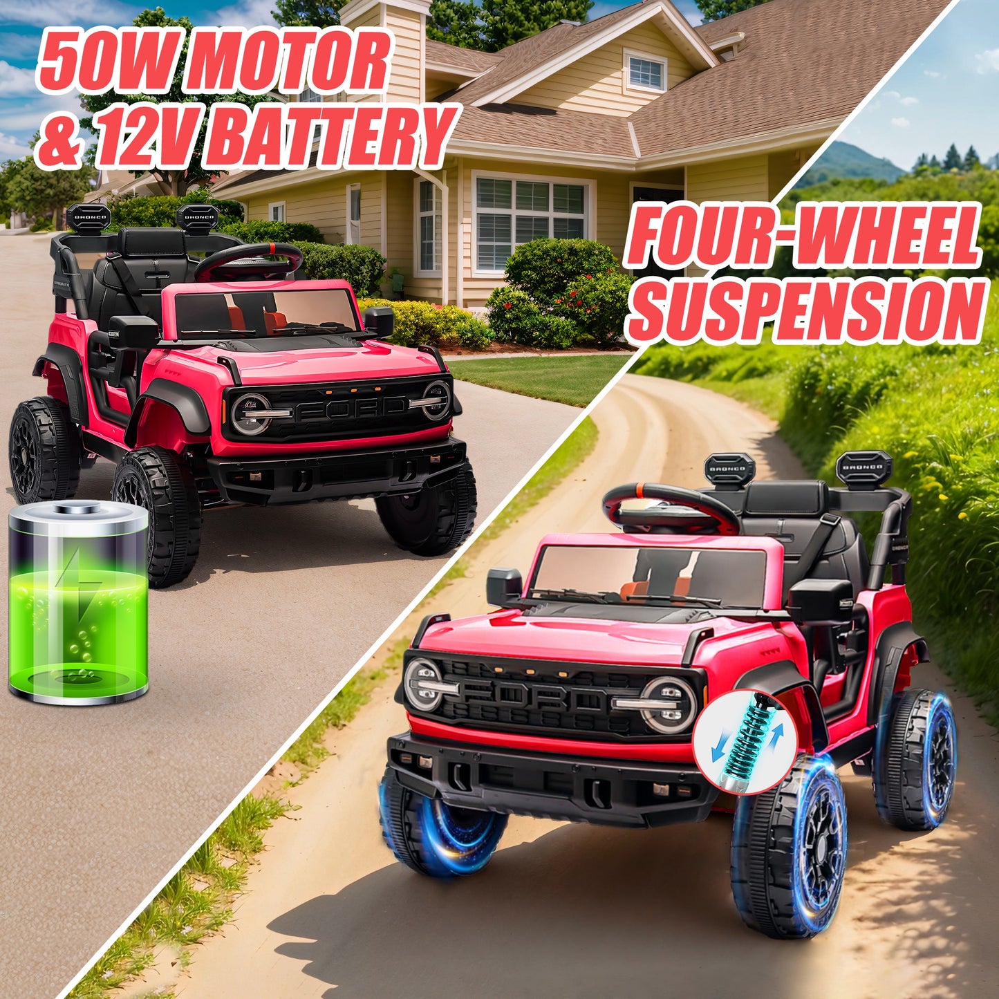 12V Powered Ride on Car, Ford Bronco Raptor Ride on Toys with Remote Control, Battery Powered Ride on Trucks with Bluetooth Music, LED Light, Kids Car Electric Vehicle for Boys Girls Gifts, Red