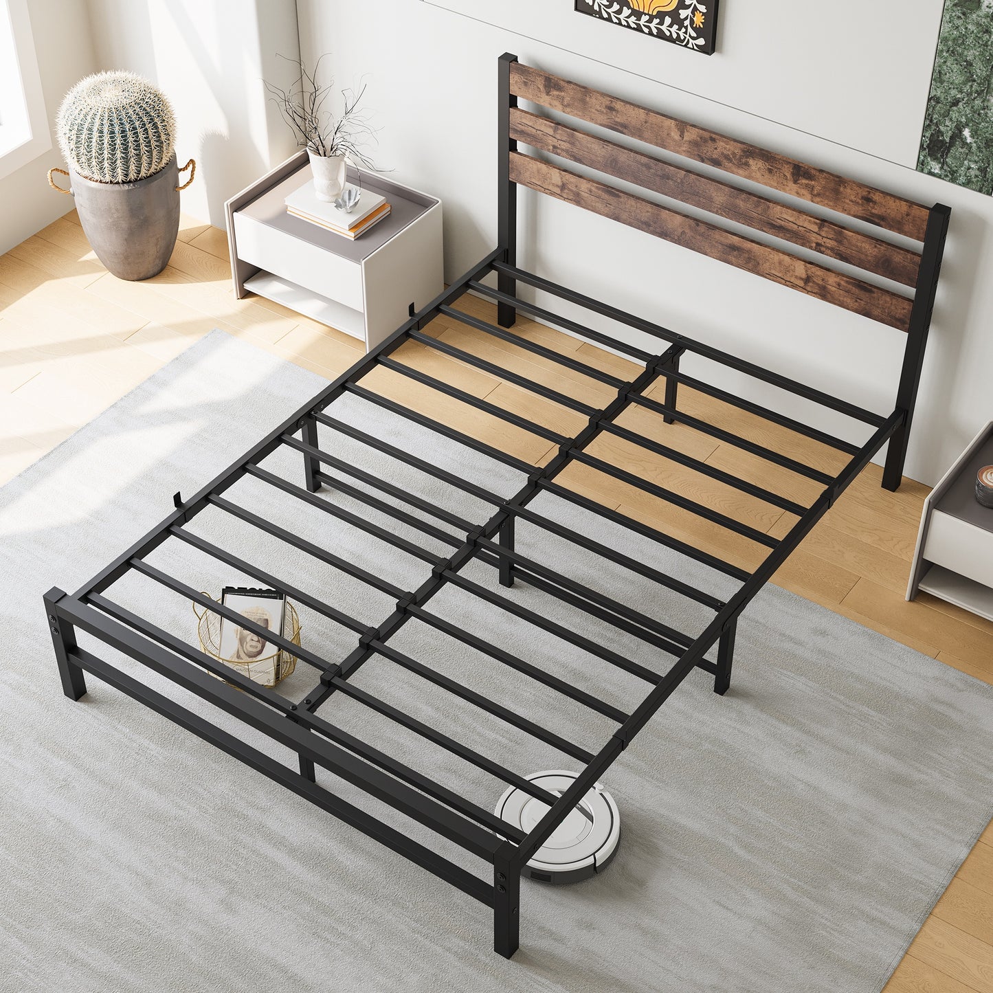 iRerts Full Bed Frame with Headboard, Metal Platform Bed Frame No Box Spring Needed, Bed Frame Full Size with Metal Support,  Noise-Free, Under Bed Storage, Easy Assembly, Rustic Brown