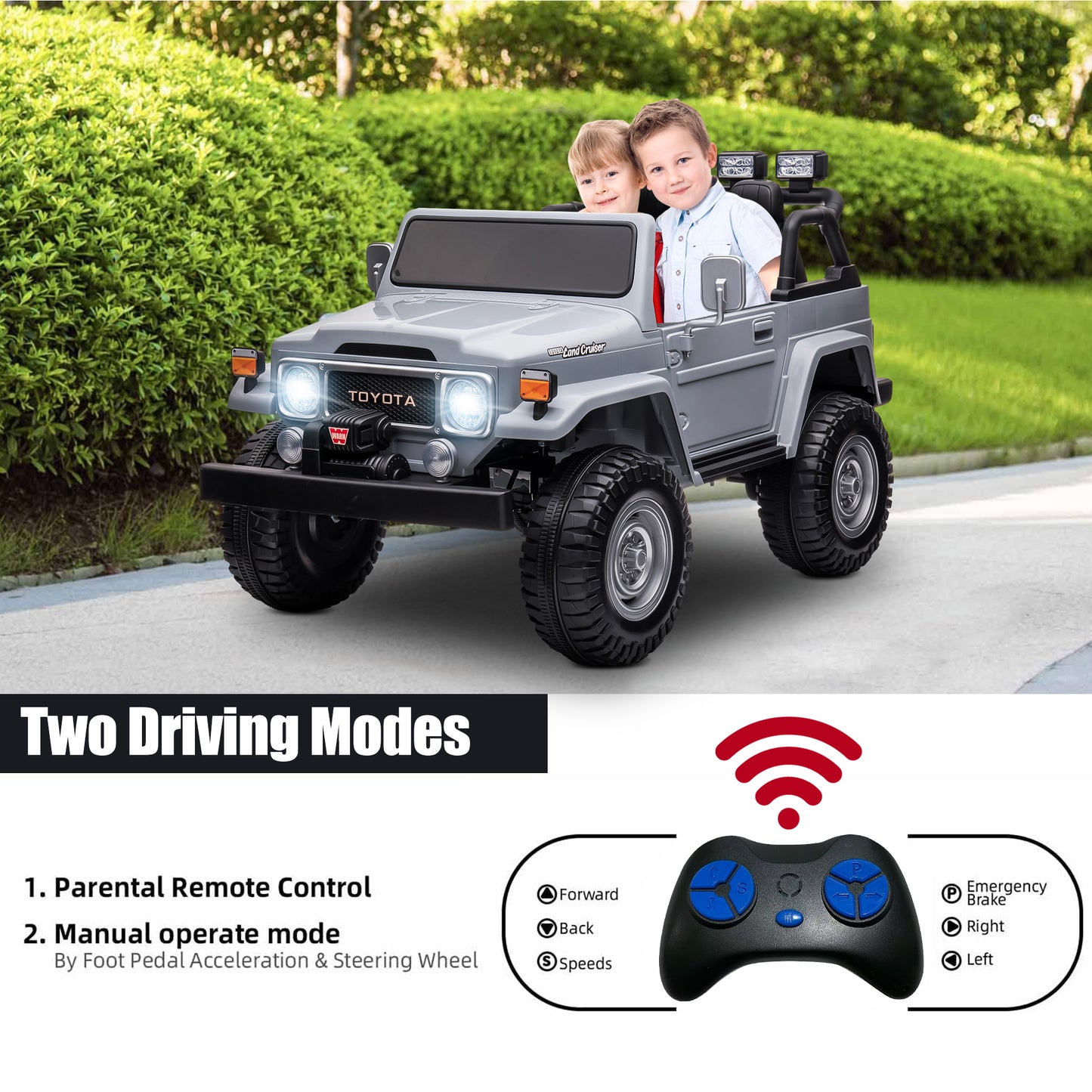 2 Seater 24 Volt Ride On Car with Remote Control, Licensed Toyota FJ40 Ride on Toys Truck for Boys Girls, Kids Electric Vehicle Cars with LED Light, Bluetooth/FM Radio/Music, 4 Wheels Suspension, Gray