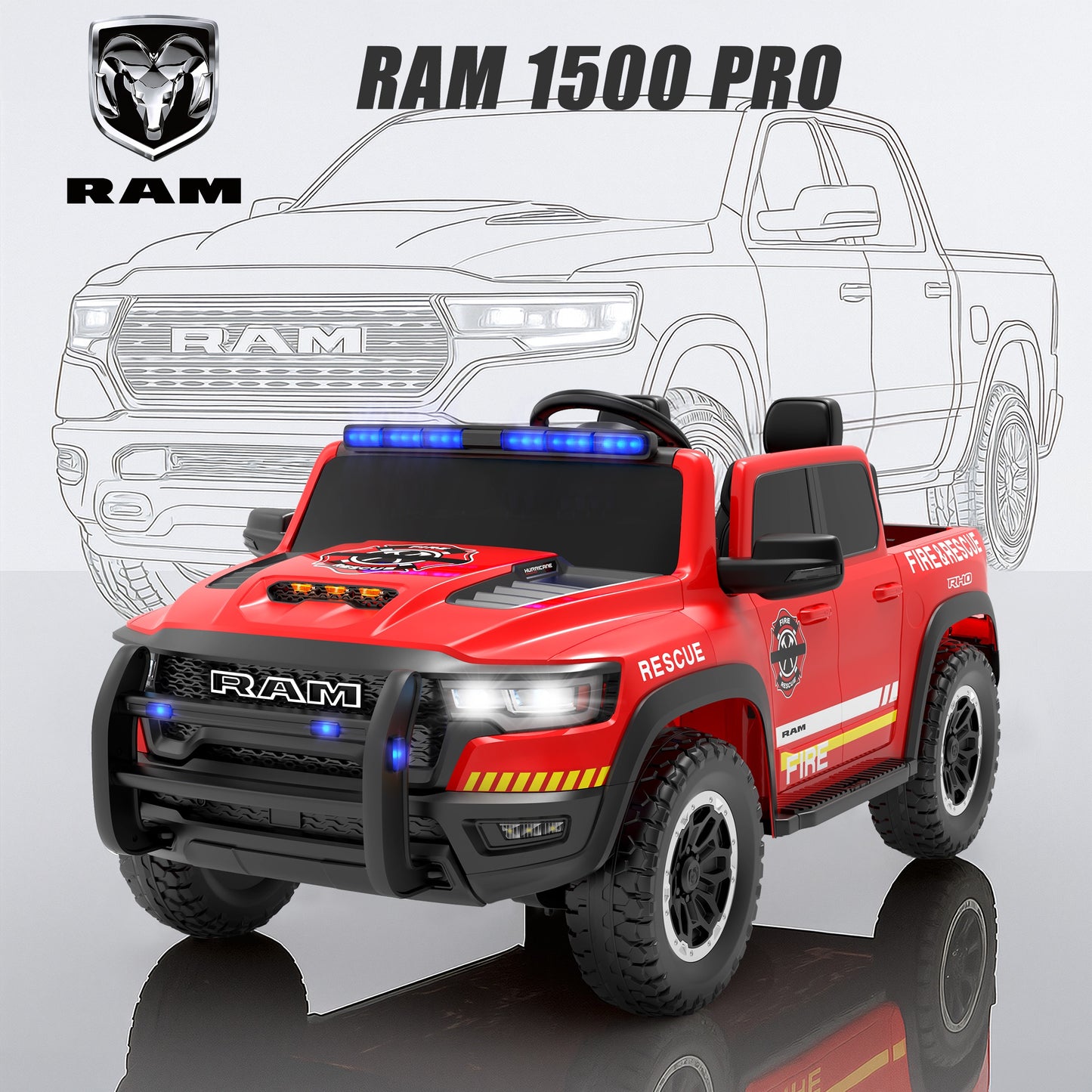 24V Licensed RAM 1500 Ride on Fire Truck for Kids, 2 Seater Ride on Car with Parent Remote Control, Bluetooth, LED Lights, Siren, Rear Storage, 4-Wheel Suspension, Ages 3-8, Red