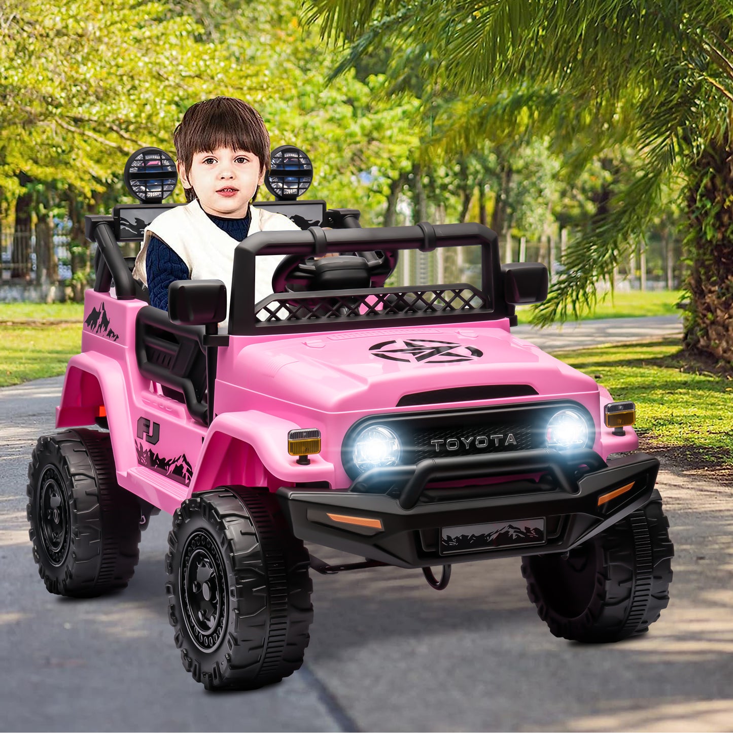 12V Ride on Cars with Remote Control, Licensed Toyota FJ Cruiser Ride on Trucks Vehicle with Bluetooth, Music, MP3/USB Port, Battery Powered Ride on Toys for Kids Boys Girls Birthday Gift, Pink