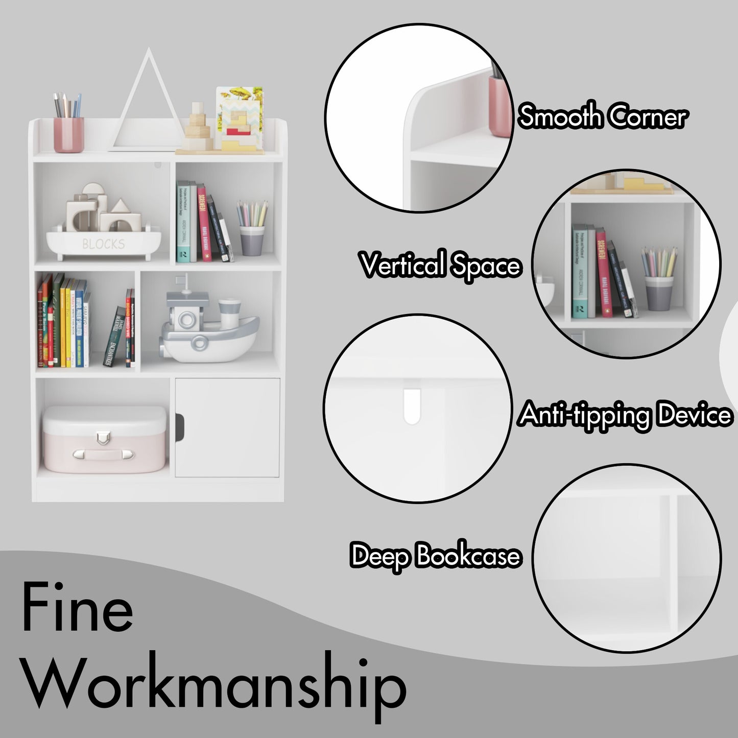 Kids Cube Bookcase and Toy Storage Organizer, Wooden Book Shelf for Bedroom, Living Room, White