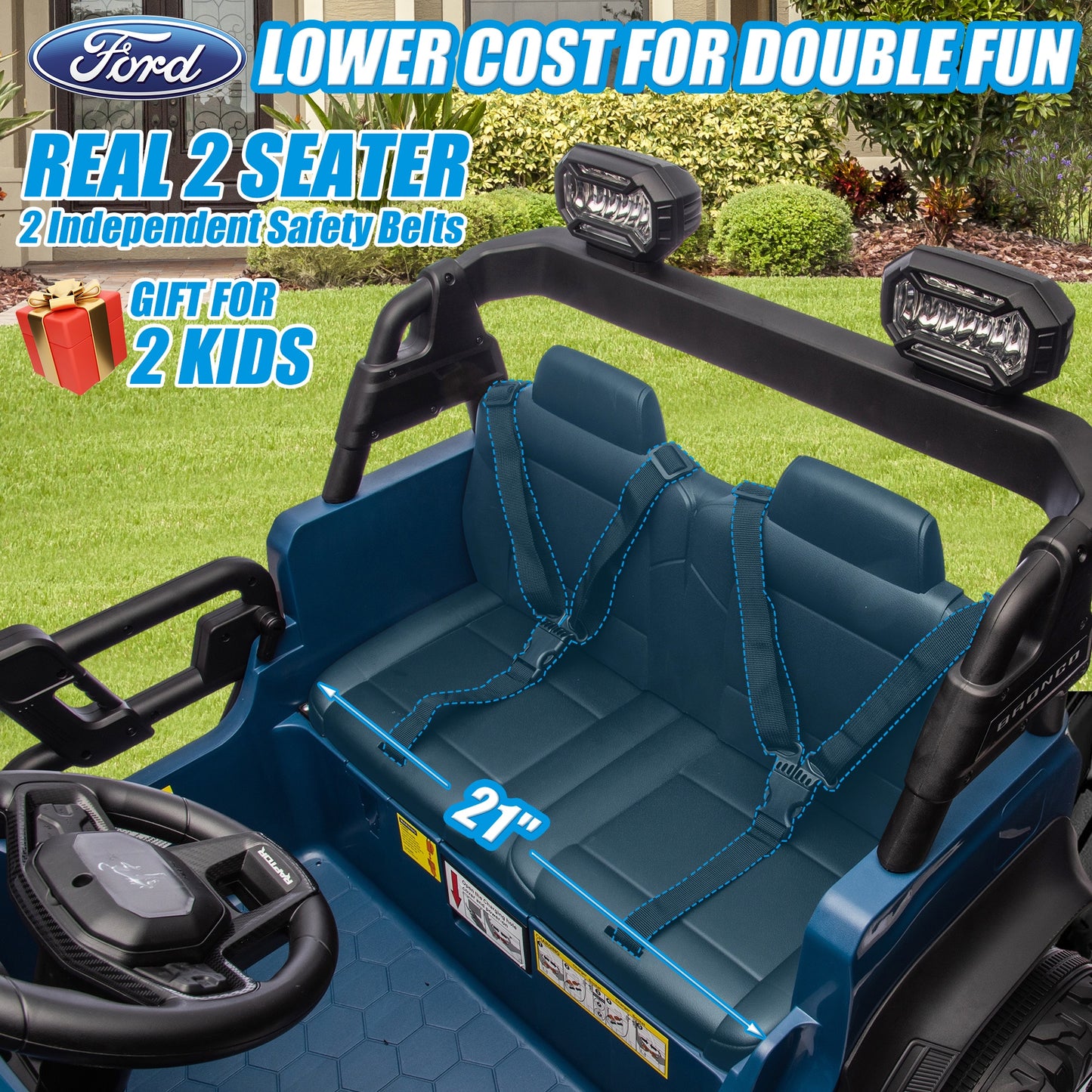 24V 2 Seater Ride on Toy Car, Licensed Ford Bronco Raptor Ride on Trucks with Remote Control, Bluetooth Music Player, Spring Suspension, Battery Powered Electric Car for Kids Boys Girls Ages 3-8, Blue