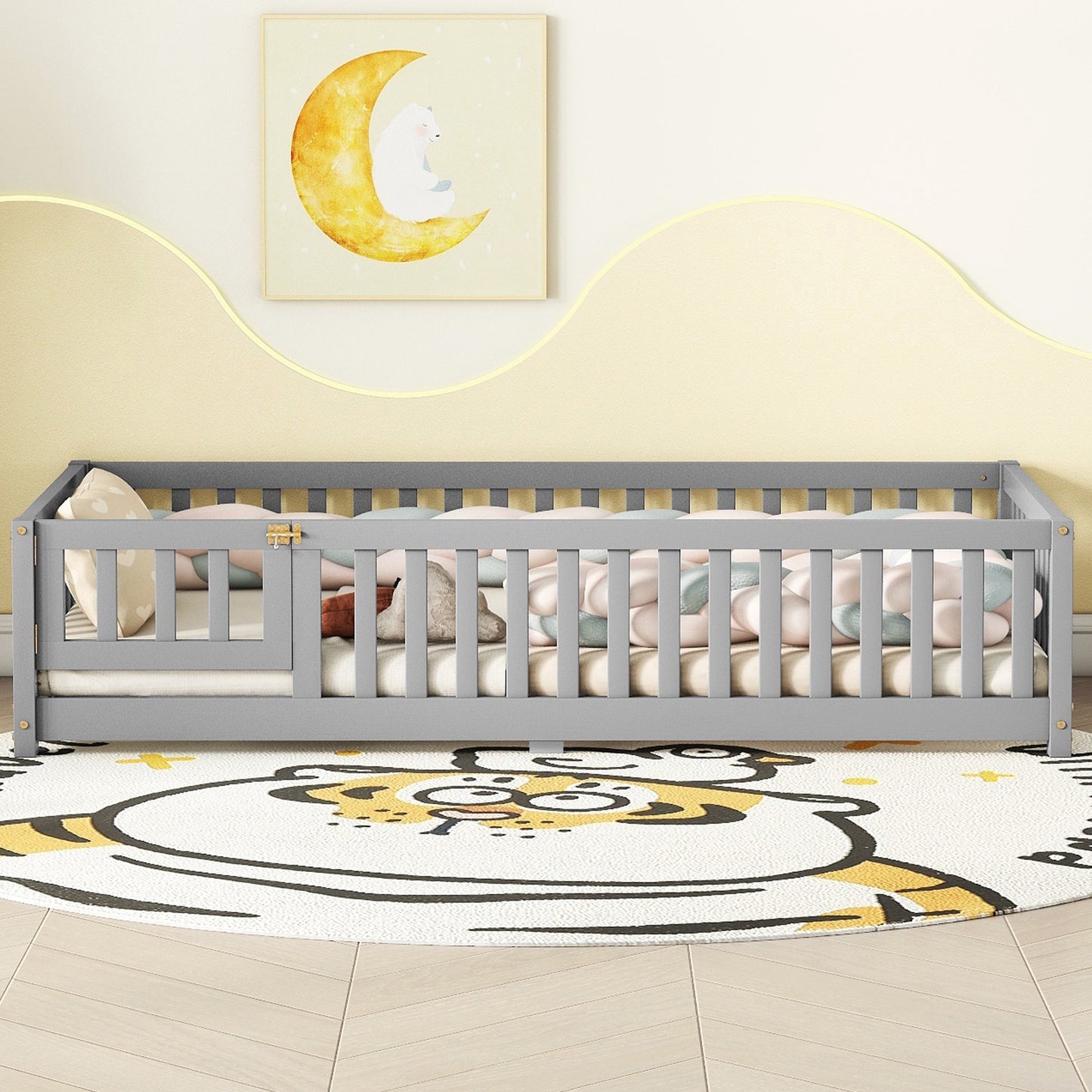 iRerts Twin Floor Bed Frame for Toddlers Kids, Wood Twin Montessori Bed Frame with Slats, Fence, Door, Kids Montessori Bed Twin Size, Twin Toddler Bed Frame for Boys Girls, Gray