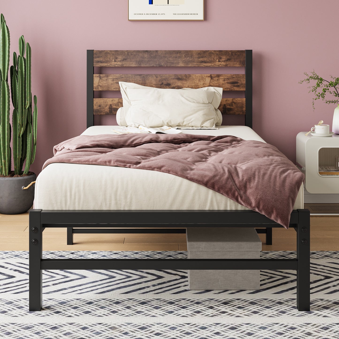 iRerts Twin Bed Frame with Headboard, Metal Platform Bed Frame No Box Spring Needed, Bed Frame Twin Size with Metal Support,  Noise-Free, Under Bed Storage, Easy Assembly, Rustic Brown