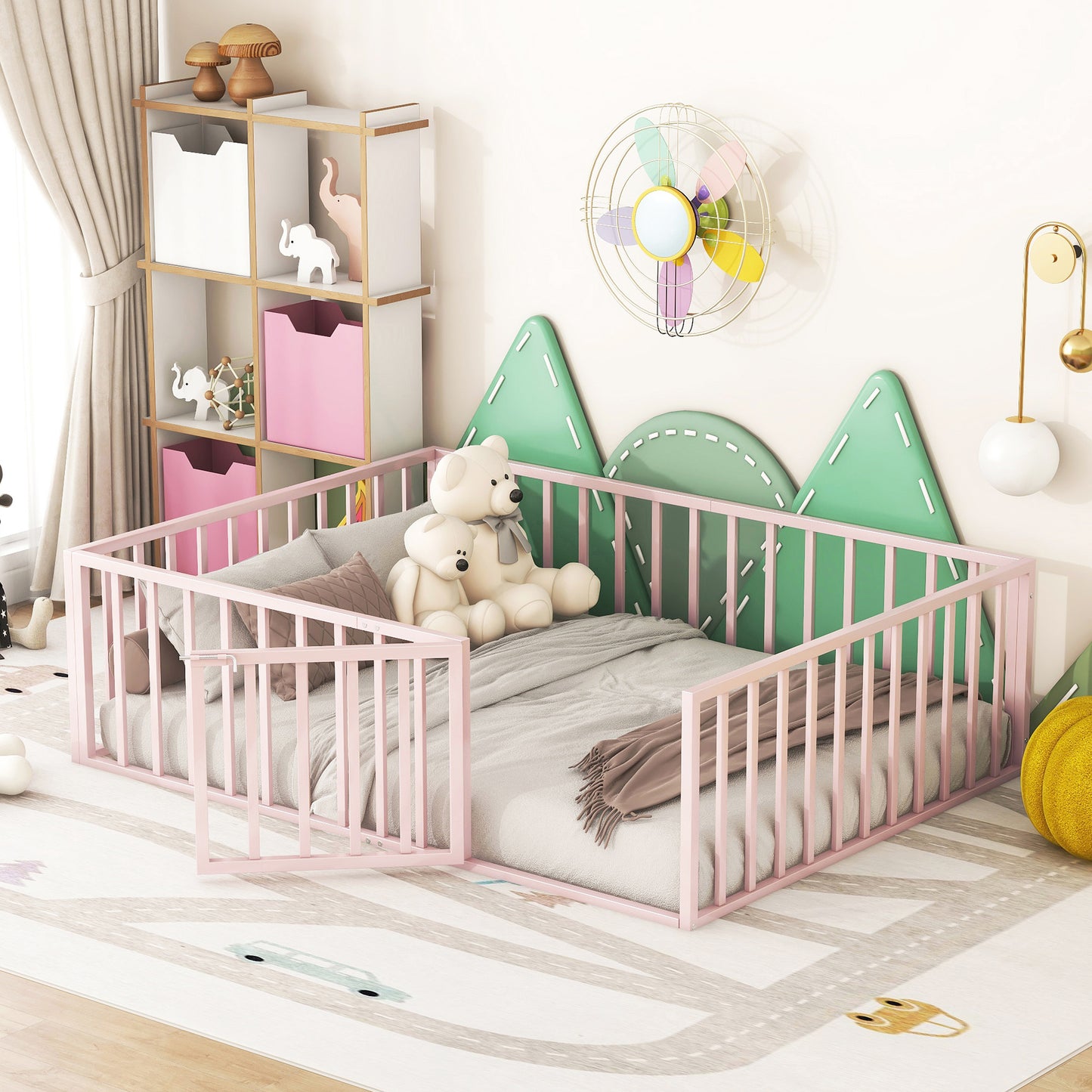 iRerts Full Floor Bed Frame, Metal Full Size Montessori Floor Bed Frame with Fence and Door, Kids Toddler Floor Bed Frame Full Size for Girls Boys, Twin Bed Frame without Bed Slats, Pink