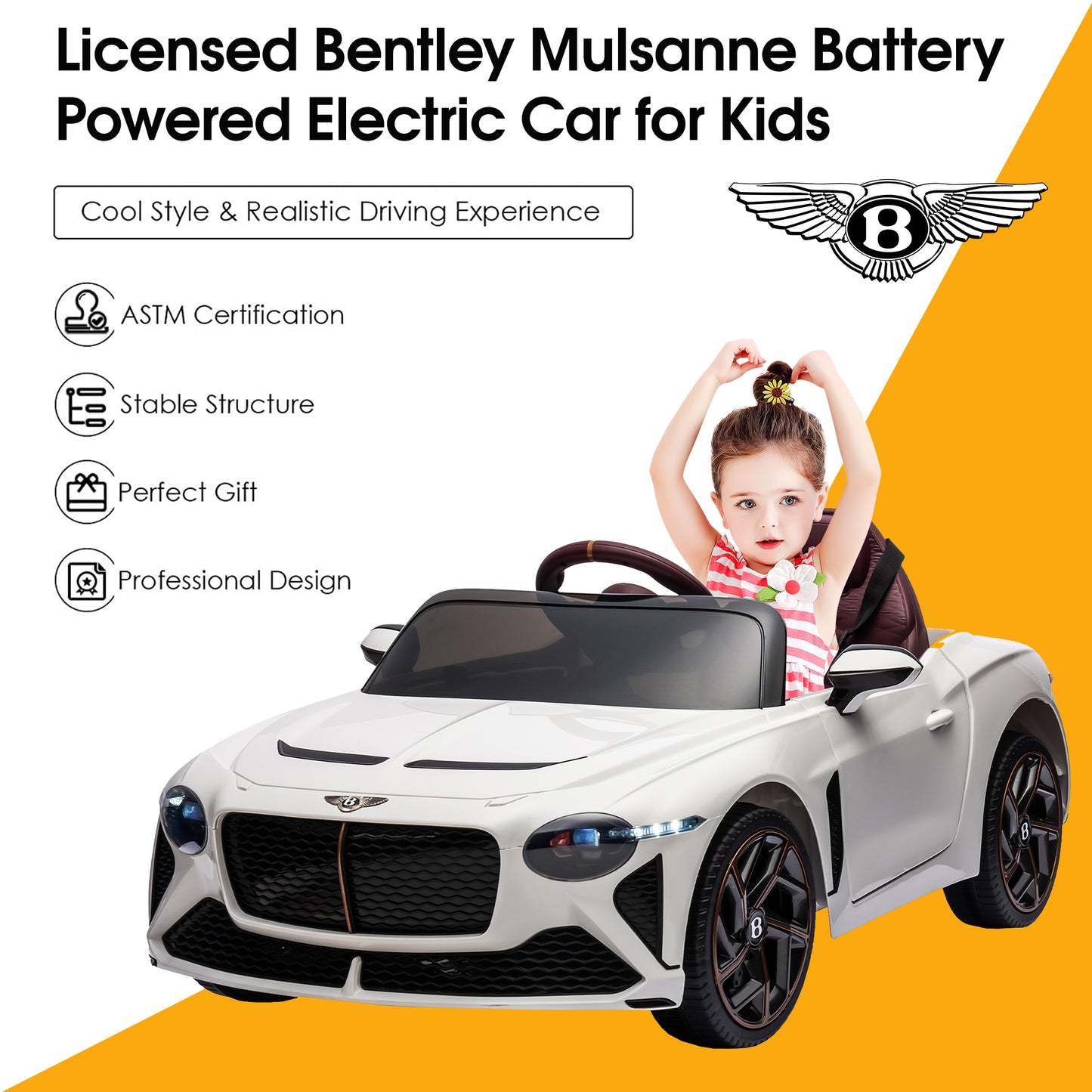 Kids Electric Car for Boys Girls Gift, Licensed Bentley Mulsanne 12V Ride On Cars with Remote Control, Battery Powered Ride On Toys with Bluetooth, USB, MP3, LED Light, White
