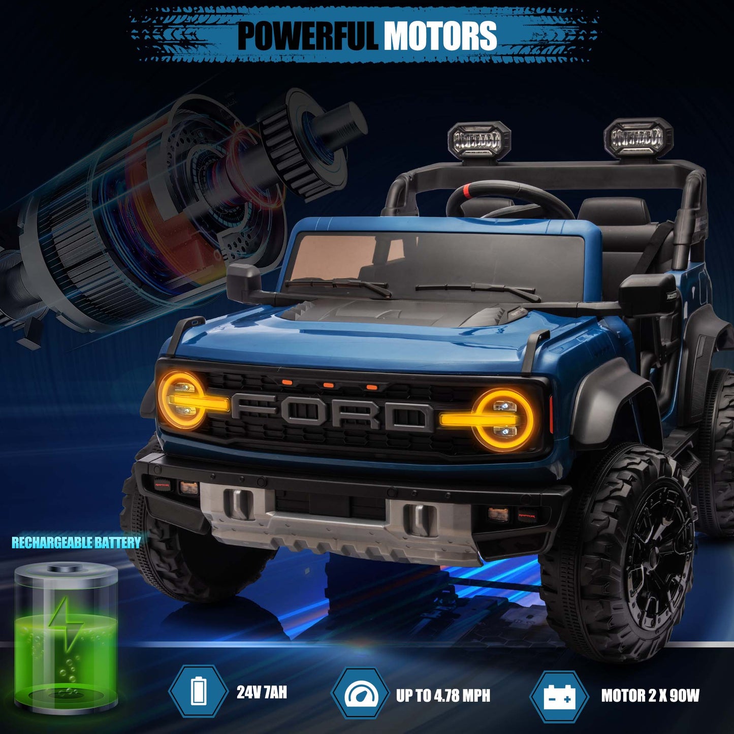 Ford Bronco Raptor 24V Ride on Toys, 2 Seater Ride on Cars with Remote Control, Bluetooth Music, Spring Suspension, Battery Powered Electric Car for Kids Ages 3-8, Blue