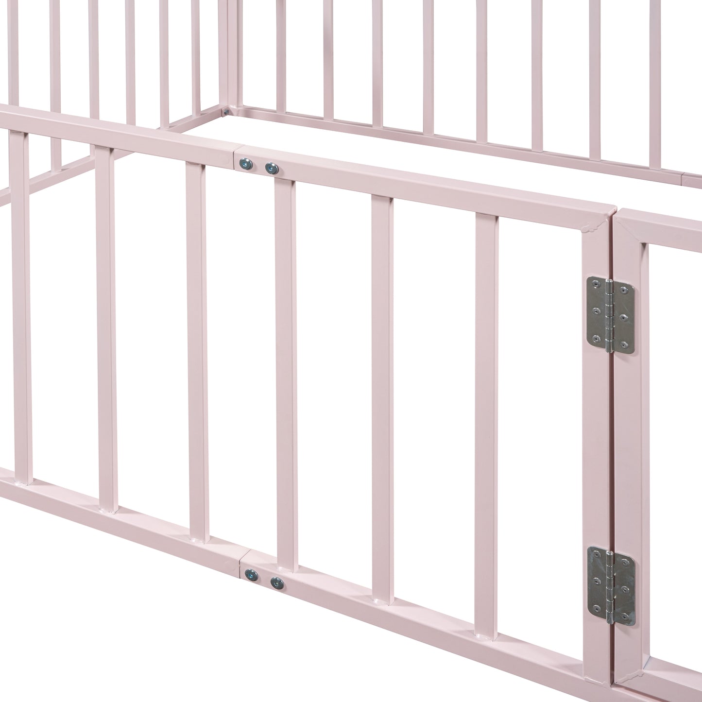 iRerts Queen Floor Bed Frame, Metal Queen Size Montessori Floor Bed Frame with Fence and Door, Kids Toddler Floor Bed Frame Queen Size for Girls Boys, Twin Bed Frame without Bed Slats, Pink