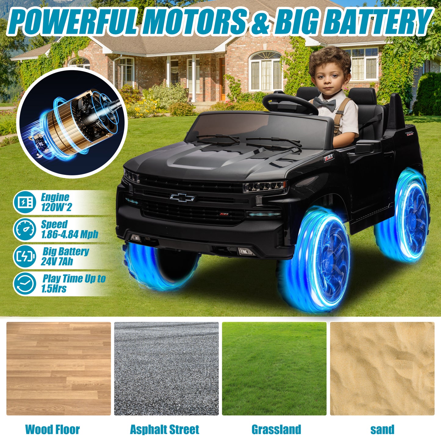 Chevrolet Silverado 24V Ride on Cars with Remote Control, 2 Seater 4 Wheels Kids Electric Cars with Bluetooth, LED Lights, Battery Powered Ride on Truck Toys for Boys Girls Christmas Gifts, Black