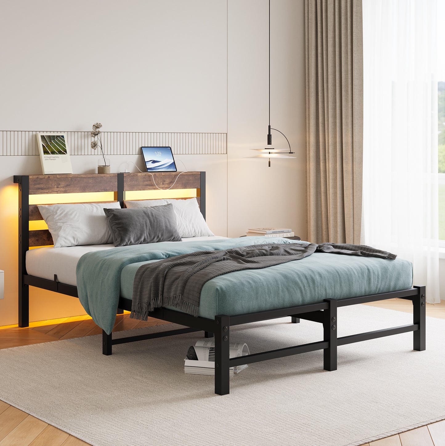 iRerts Full Bed Frame with Headboard, Metal Platform Bed Frame Full Size with USB Charging Station, LED Lights, Steel Slats, LED Bed Frame No Box Spring Needed for Bedroom Furniture, Brown