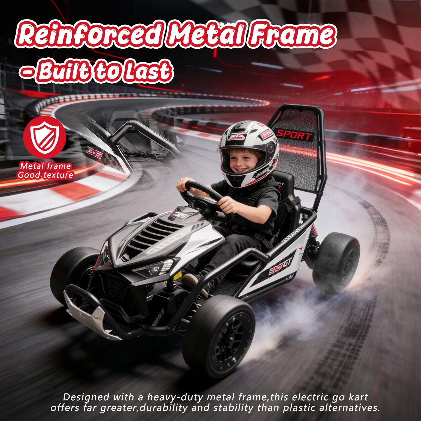 24V Powered Ride on Toys, iRerts Electric Go Kart with Drift Mode, Bluetooth Music, EVA Front Tires, Rear Wheel Suspension, Max Speed 7.5 MPH, Crazy Go Cart Electric Car for Kids 6-12 Ages, Black