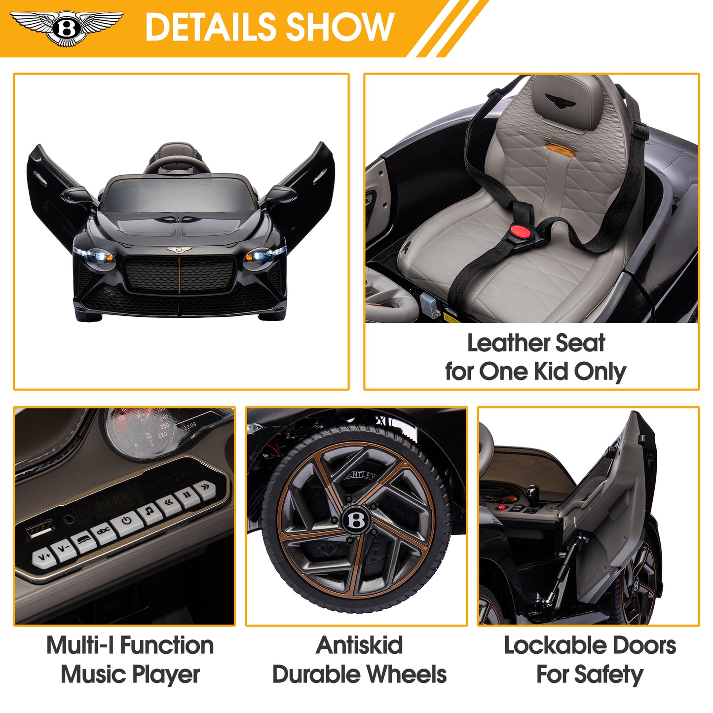 12V Ride On Car with Remote Control, Licensed Bentley Mulsanne Kids Electric Car with Bluetooth, Music, USB, MP3, LED Light, Battery Powered Electric Ride On Vehicle for Boy Girl Birthday Gift, Black