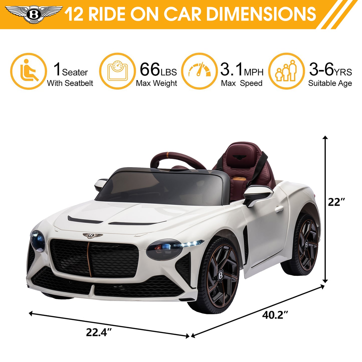 Kids Electric Car for Boys Girls Gift, Licensed Bentley Mulsanne 12V Ride On Cars with Remote Control, Battery Powered Ride On Toys with Bluetooth, USB, MP3, LED Light, White