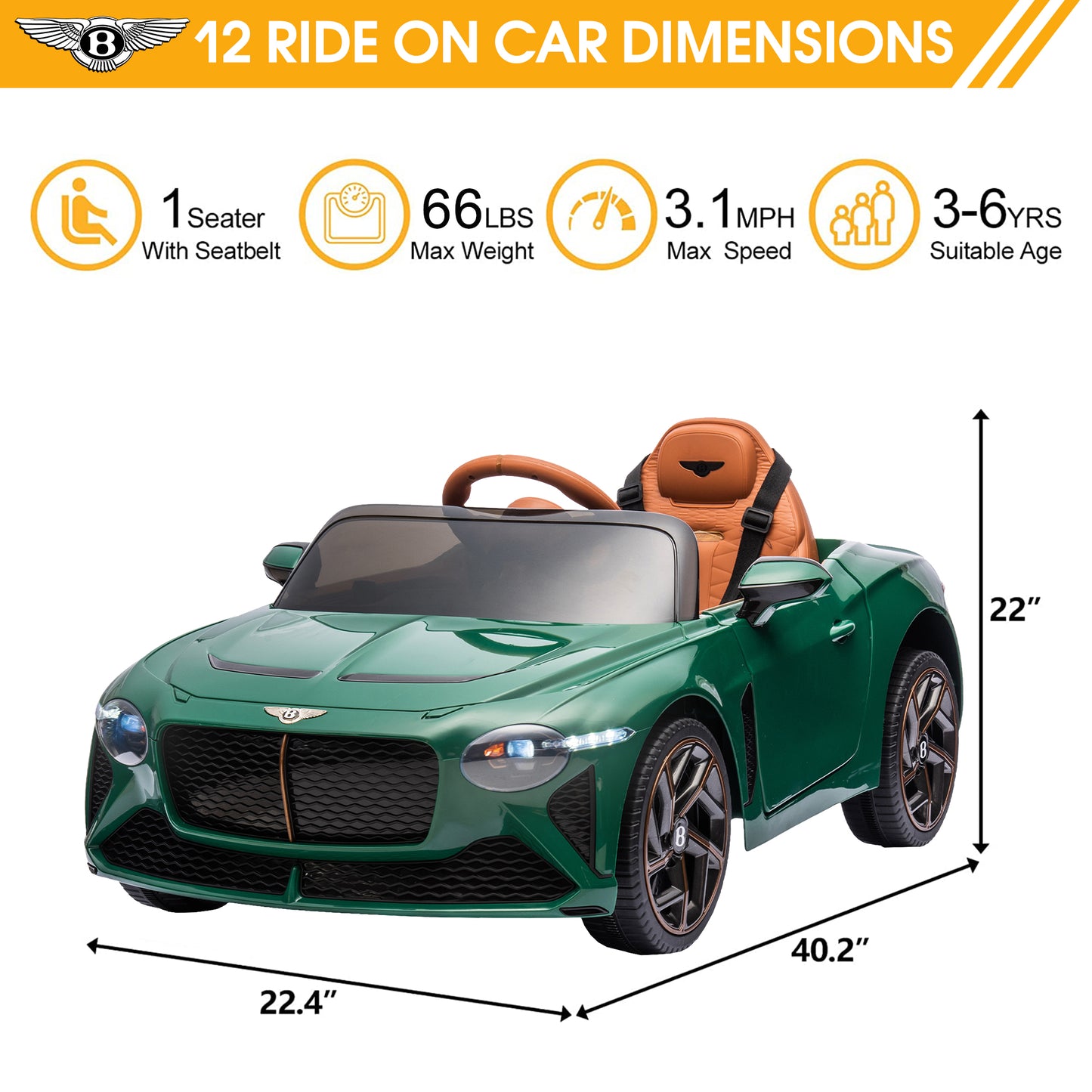 12V Ride On Car with Remote Control, Licensed Bentley Mulsanne Kids Electric Car with Bluetooth, Music, USB, MP3, LED Light, Battery Powered Electric Ride On Vehicle for Boy Girl Birthday Gift, Green
