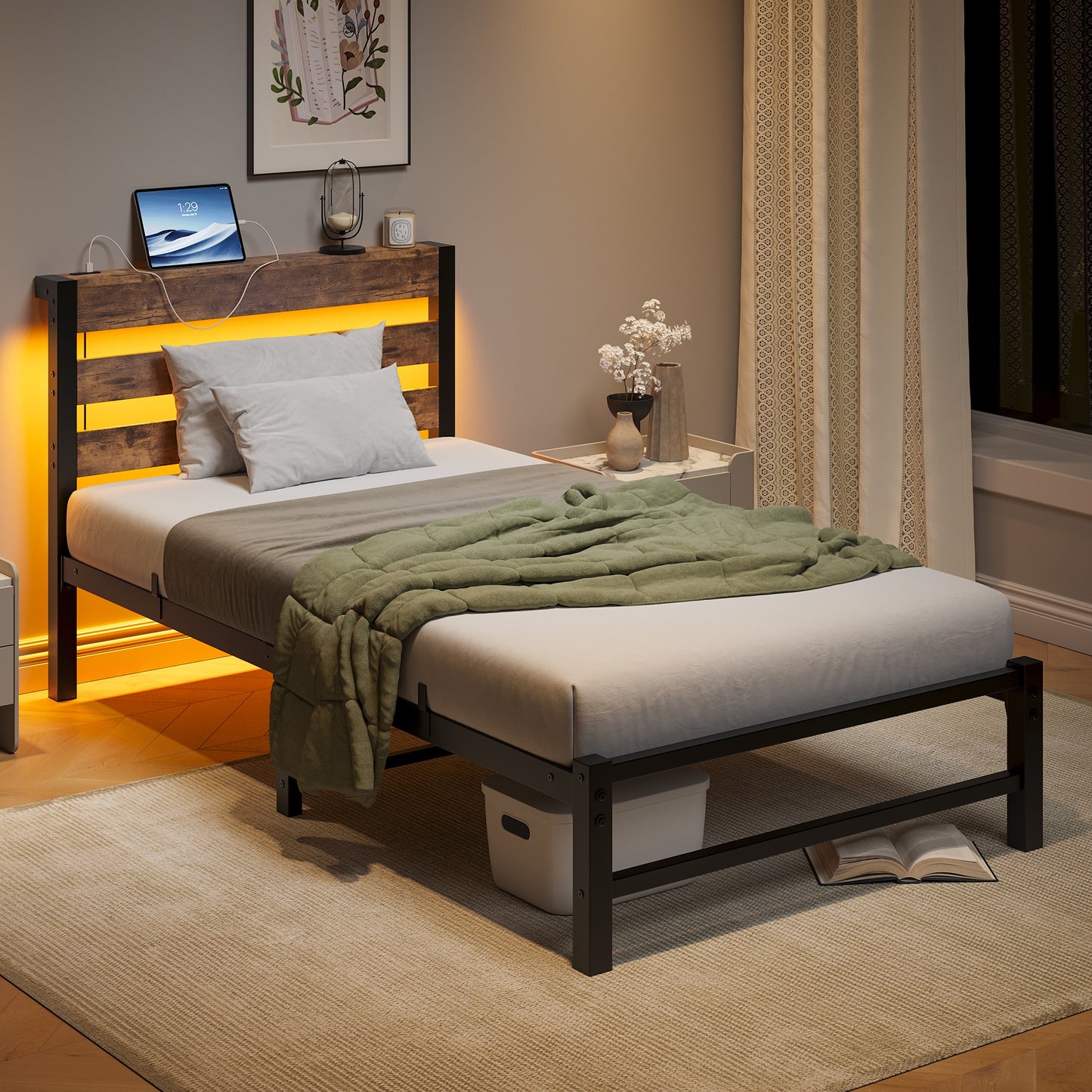 iRerts Twin Bed Frame with Headboard, Metal Platform Bed Frame Twin Size with USB Charging Station, LED Lights, Steel Slats, LED Bed Frame No Box Spring Needed for Bedroom Furniture, Brown