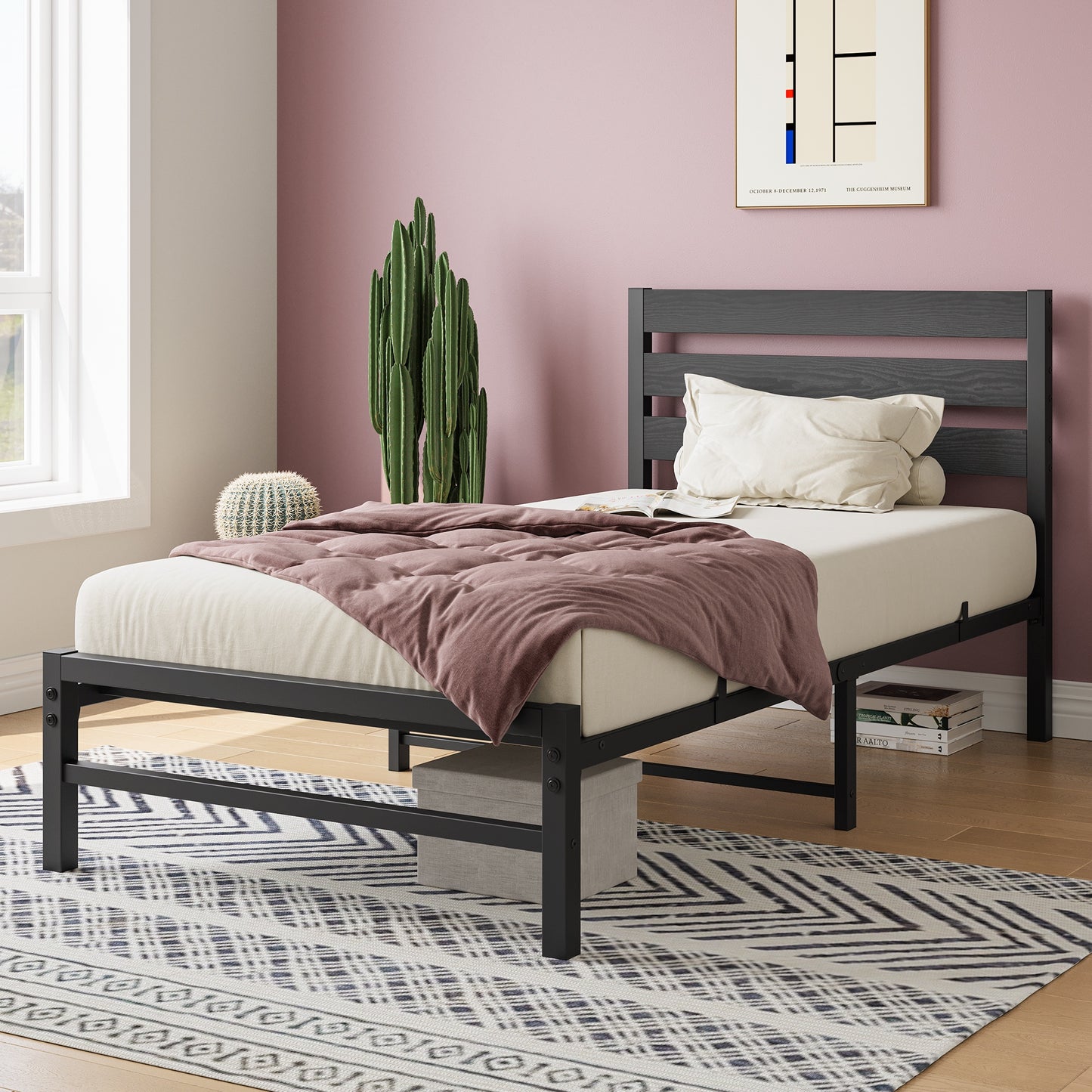 iRerts Twin Bed Frame with Headboard, Metal Platform Bed Frame No Box Spring Needed, Bed Frame Twin Size with Metal Support,  Noise-Free, Under Bed Storage, Easy Assembly, Black