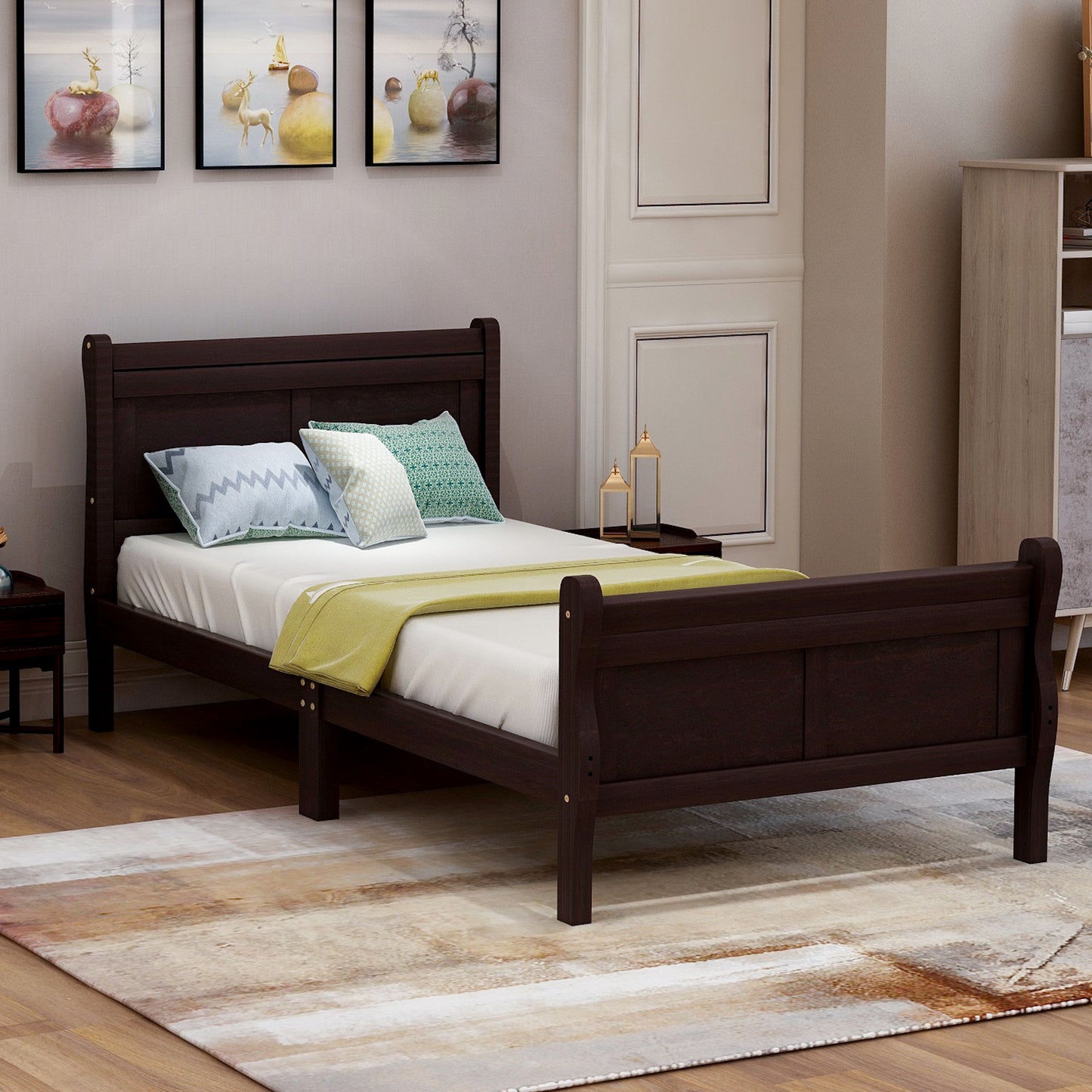 iRerts Wood Twin Platform Bed Frame, Modern Twin Bed Frame with Headboard, Twin Size Wood Platform Bed with Wooden Slat Support, No Box Spring Needed, Easy Assembly, Espresso