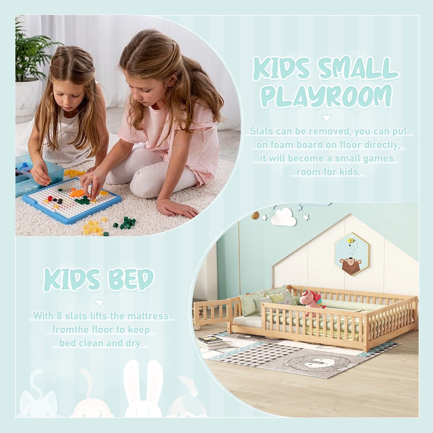iRerts Full Floor Bed Frame for Toddlers Kids, Wood Full Montessori Bed Frame with Slats, Fence, Door, Kids Montessori Bed Full Size, Full Toddler Bed Frame for Boys Girls, Natural