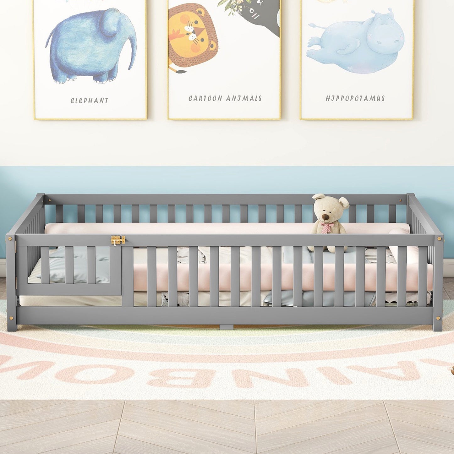 iRerts Full Floor Bed Frame for Toddlers Kids, Wood Full Montessori Bed Frame with Slats, Fence, Door, Kids Montessori Bed Full Size, Full Toddler Bed Frame for Boys Girls, Gray