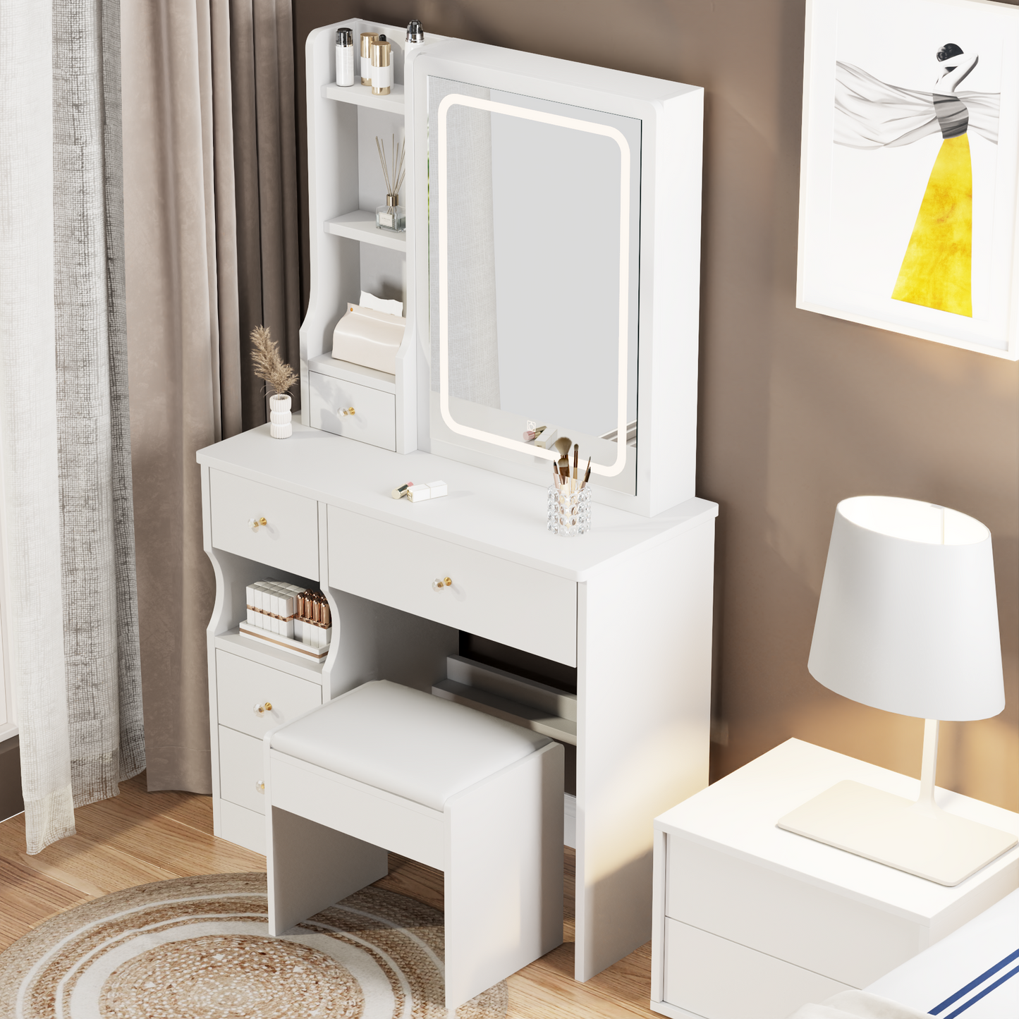iRerts Vanity Desk with Chair, Makeup Vanity Set with LED Mirror, 3 Lighting Modes Brightness Adjustable, Shelf and Drawers, Makeup Vanity Desk Dressing Table Set for Bedroom Small Space, White