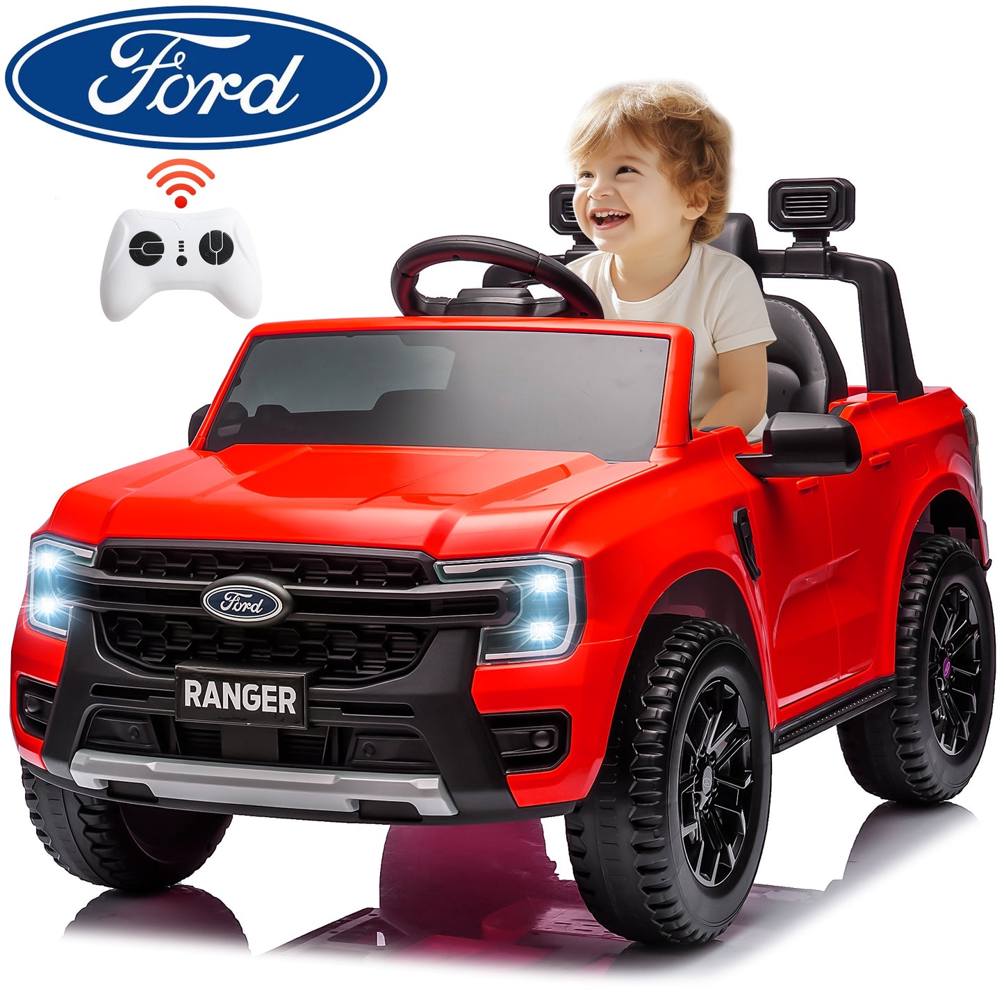 12V Ride on Cars with Remote Control, Ford Ranger Electric Cars for Kids with Bluetooth, Music, USB Port, Horn, LED Lights, Battery Powered Ride on Toys for Kids Boys Girls 3-6 Ages Gifts, Red