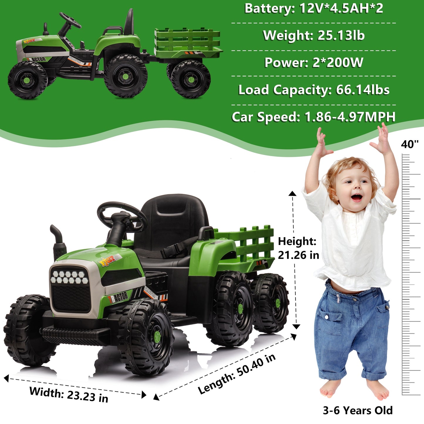 Powered Ride on Toy Tractor, 24V Kids Ride on Car with Remote Control, Electric Vehicles for Kids Toddlers 3-6 Years with 3 Speeds, Bluetooth, Music Player, LED Light, Rear Wheel Suspension, Emerald