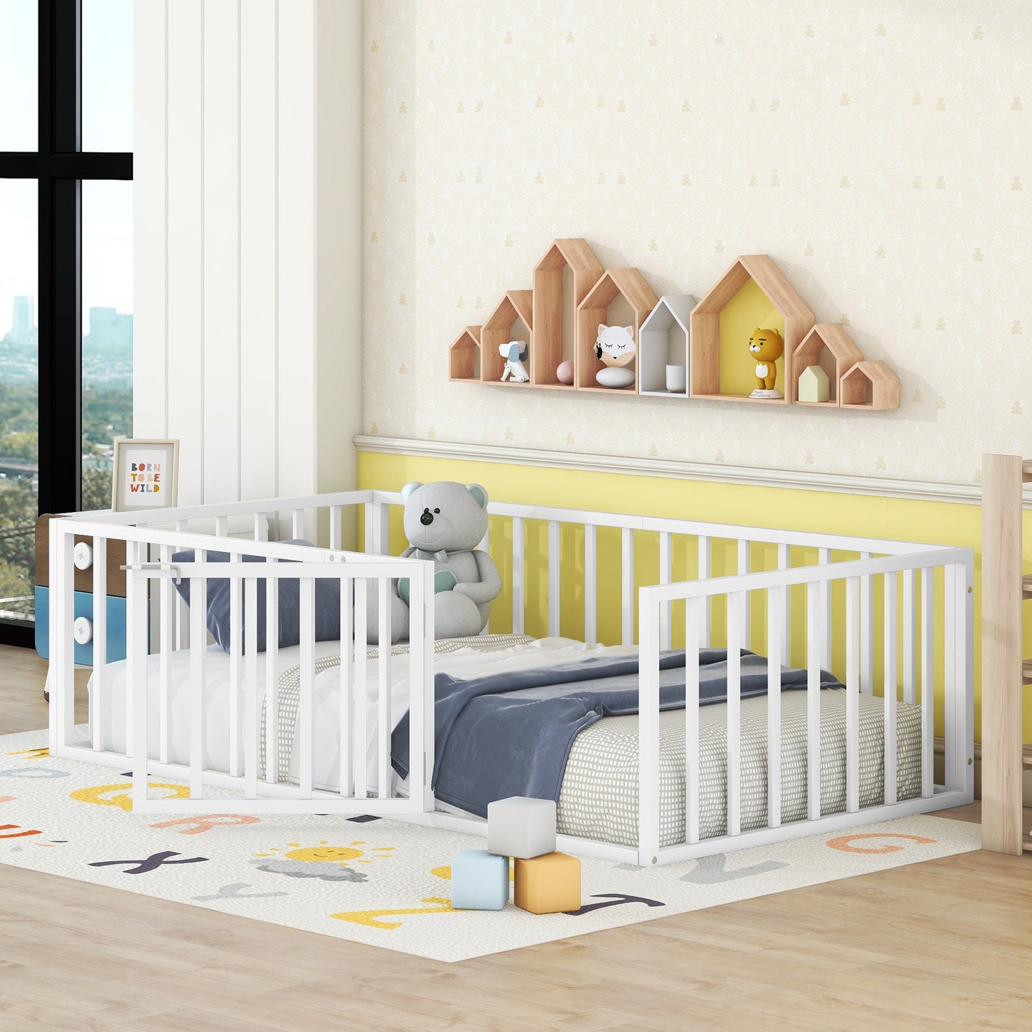 iRerts Twin Floor Bed Frame, Metal Twin Size Montessori Floor Bed Frame with Fence and Door, Kids Toddler Floor Bed Frame Twin Size for Girls Boys, Twin Bed Frame without Bed Slats, White