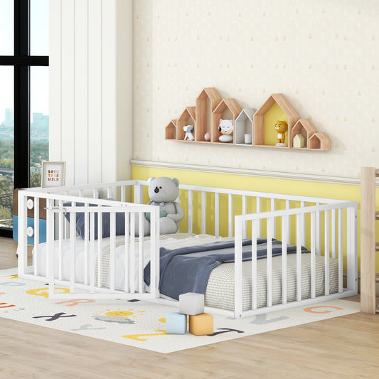 iRerts Twin Floor Bed Frame, Metal Twin Size Montessori Floor Bed Frame with Fence and Door, Kids Toddler Floor Bed Frame Twin Size for Girls Boys, Twin Bed Frame without Bed Slats, White